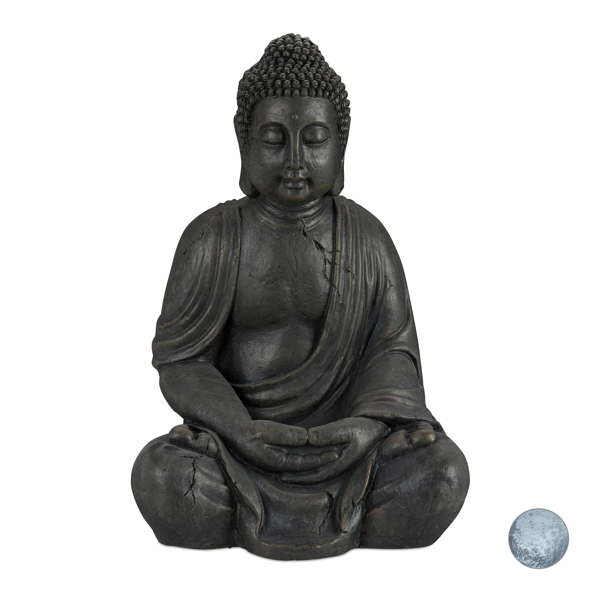 Relaxdays Estatua Buda Sentado XL para Jardín o Salón, Cerámica, Gris Oscuro, 70 cm