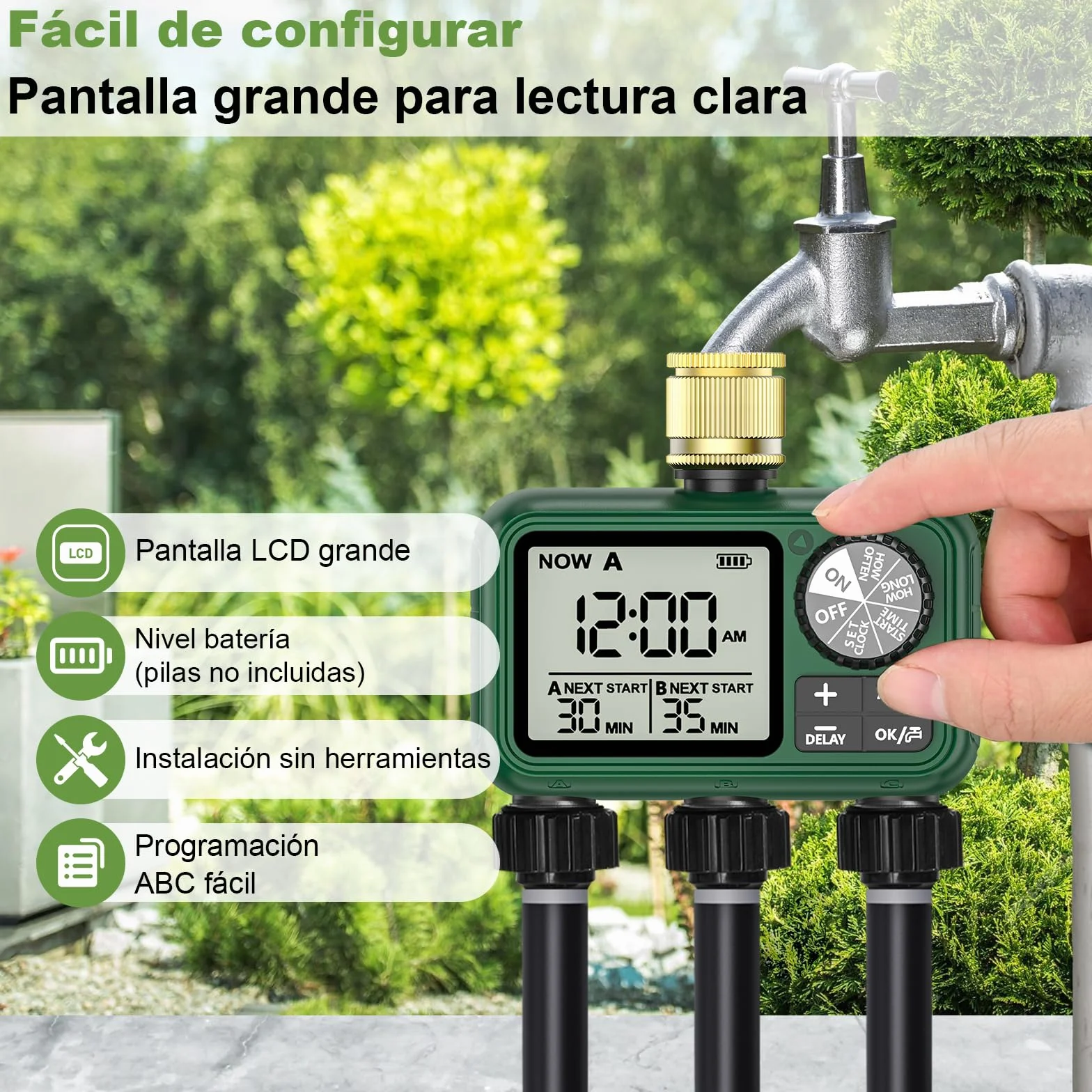 Programador Riego 3 Salidas con Entrada de Latón, Pantalla LCD Grande, Temporizador de Riego Automatico con Retraso por Lluvia, Riego Automático/Manual, Programador de Riego para Jardín Césped