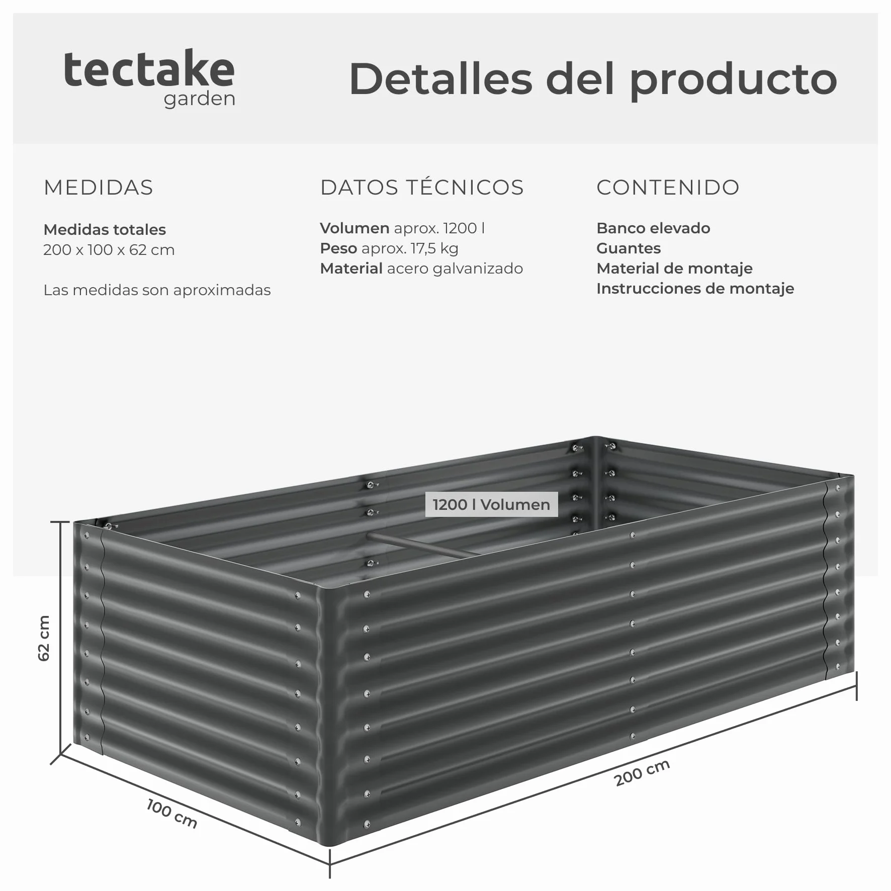 tectake® Bancal Elevado de 200 x 100 x 62 cm, 1200L, para Huerto Urbano, Jardineras Exterior Grandes, Maceteros Grandes Exterior, Jardin, Macetero Grande, con Guantes, Suelo Abierto, Malla Metalica