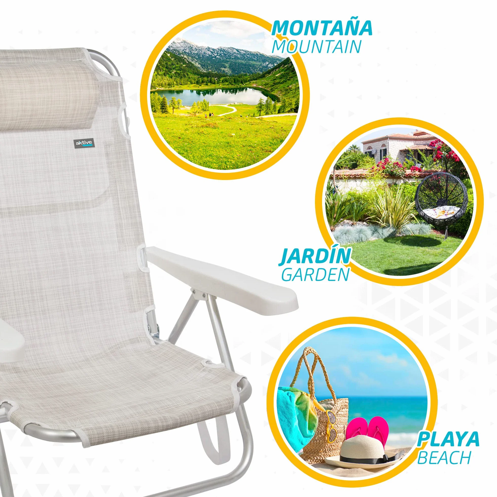 Aktive 62254 - Pack de 2 sillas plegables multiposición para playa, jardín, terraza o camping, 5 posiciones diferentes, Altura 21 cm, medidas 48x45,5x84 cm, Reforzadas, incluye asa de transporte