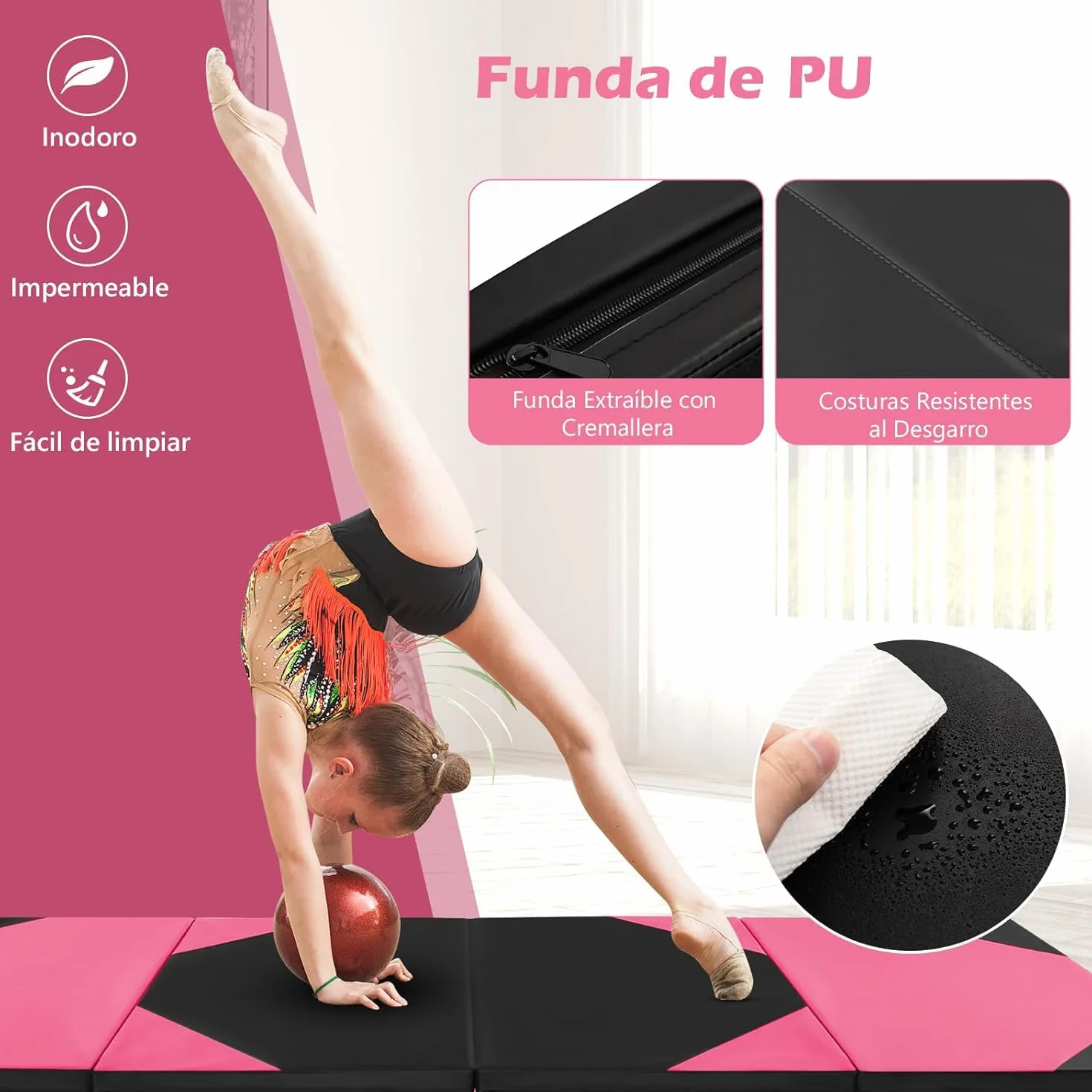 COSTWAY Colchoneta de Gimnasia Plegable 300x117x5 cm Esterilla Impermeable PU 4 Paneles