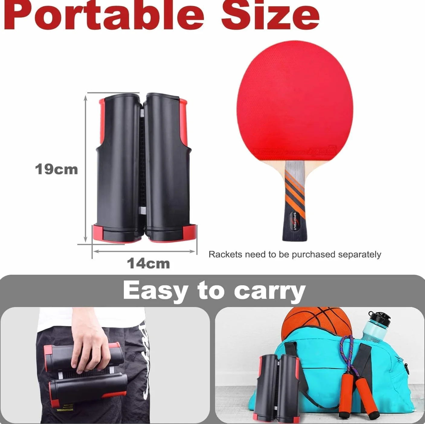 Red de ping pong retráctil portátil Sportout para mesa de ping pong, escritorio, cocina o comedor, negro/rojo