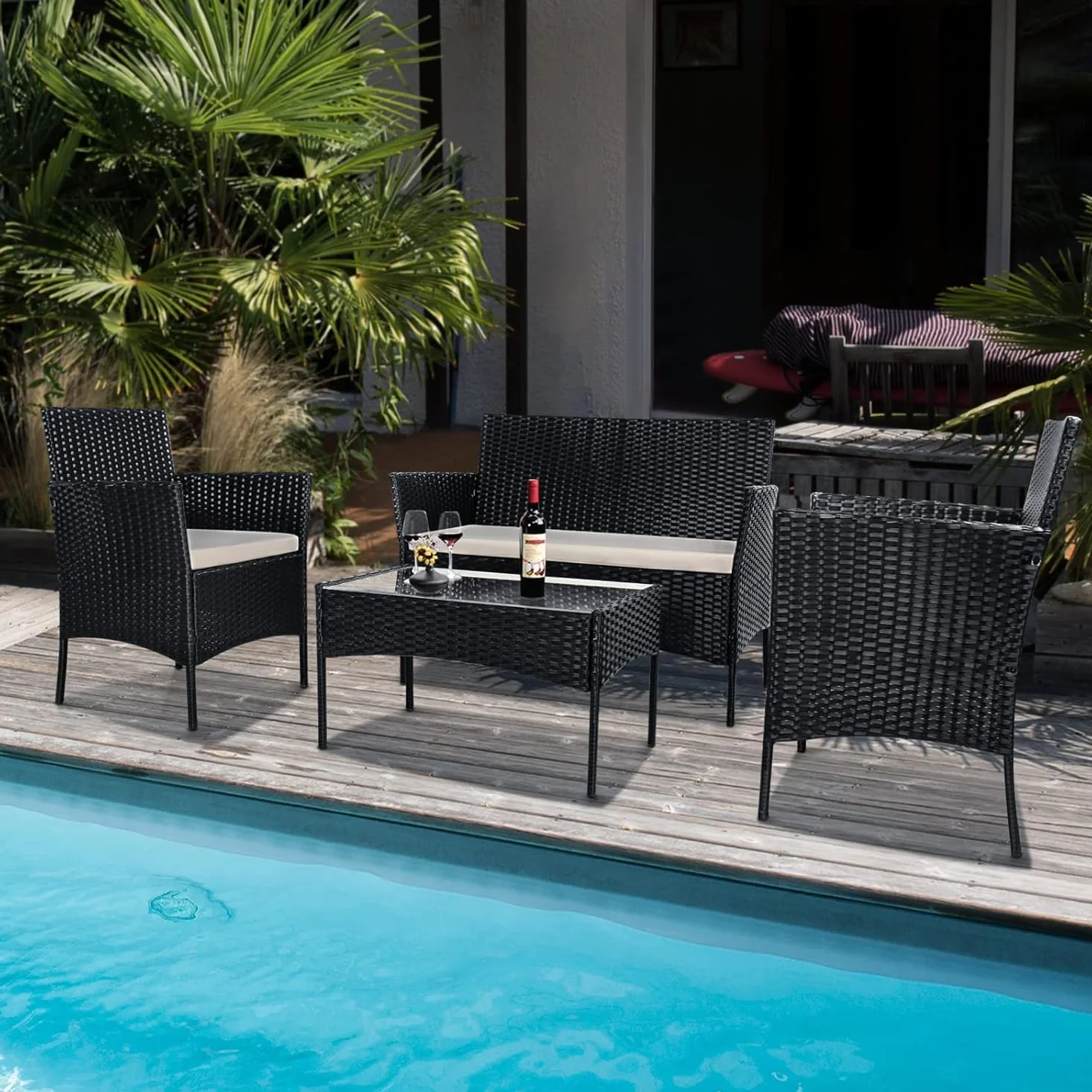 bigzzia. Juego de Muebles de jardín de ratán, 4 Piezas, Muebles de Mimbre para Patio, 2 sillones, 1 sofá de Dos Lugares y 1 Mesa (Negro)
