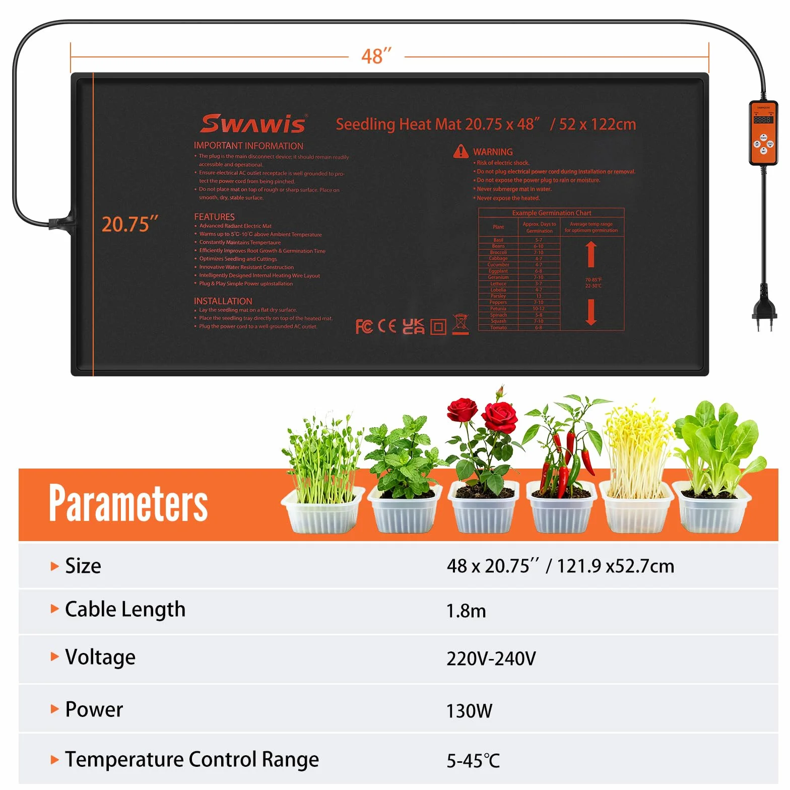 SWAWIS 130W 52.7X121.9cm Estera Calefactora para Plantas con Termostato, Rango de Control de Temperatura: 5-45 ℃, IP67, para Plántulas, Reptiles, Elaboración Casera de Cerveza(Integrado)