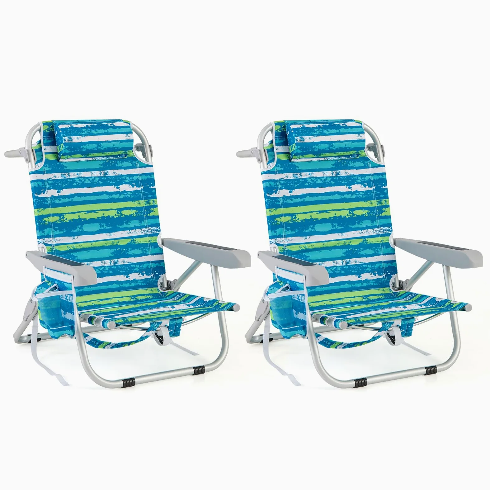 GOPLUS Silla Playa Plegable, Silla de Camping Ligera con Respaldo Ajustable en 5 Posiciones, Barra para Toallas, Portavasos, Almohada, Correas, Tumbona Exterior Reclinable, Carga 150 kg (Verde+Azul,2)