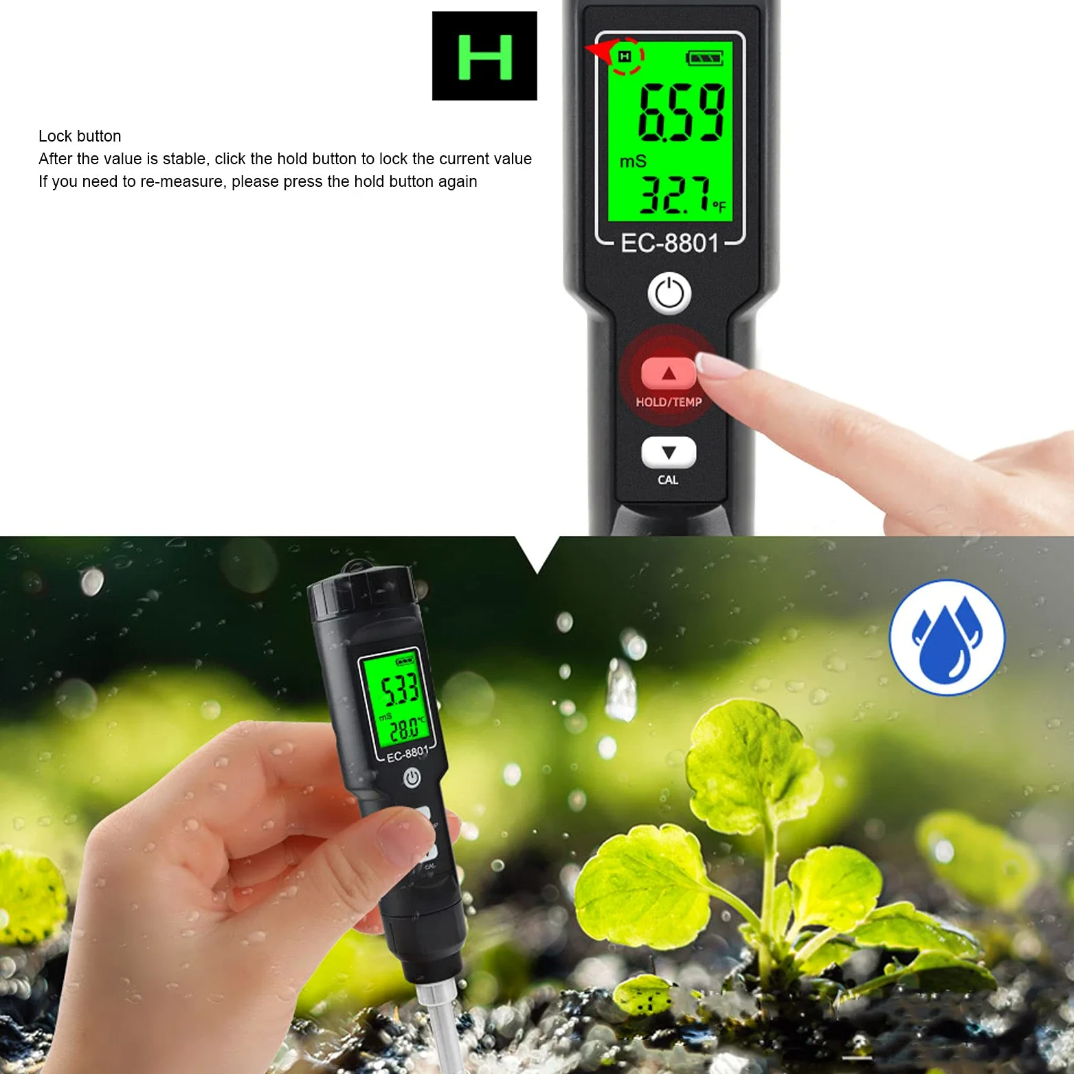 Tnfeeon Termómetro de Suelo Medidor de EC Mide EC de 0,00 a 10,00 Ms/cm y Temperatura de -22,0 °F a 176,0 °F para Jardineros Compacto 11,02 X 1,46 Pulgadas Impermeable Fácil Operación Ideal para