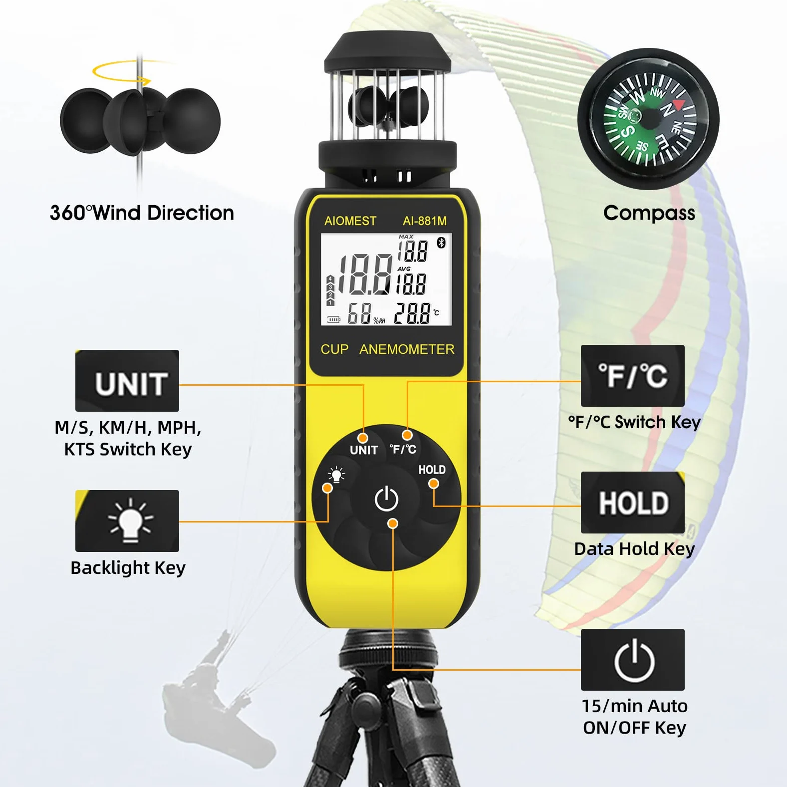 Anemómetro con sensor de taza de mano con dirección, medidor digital de velocidad del viento, medición de temperatura del viento, velocidad del aire de alta velocidad en máximo/promedio - AIOMEST