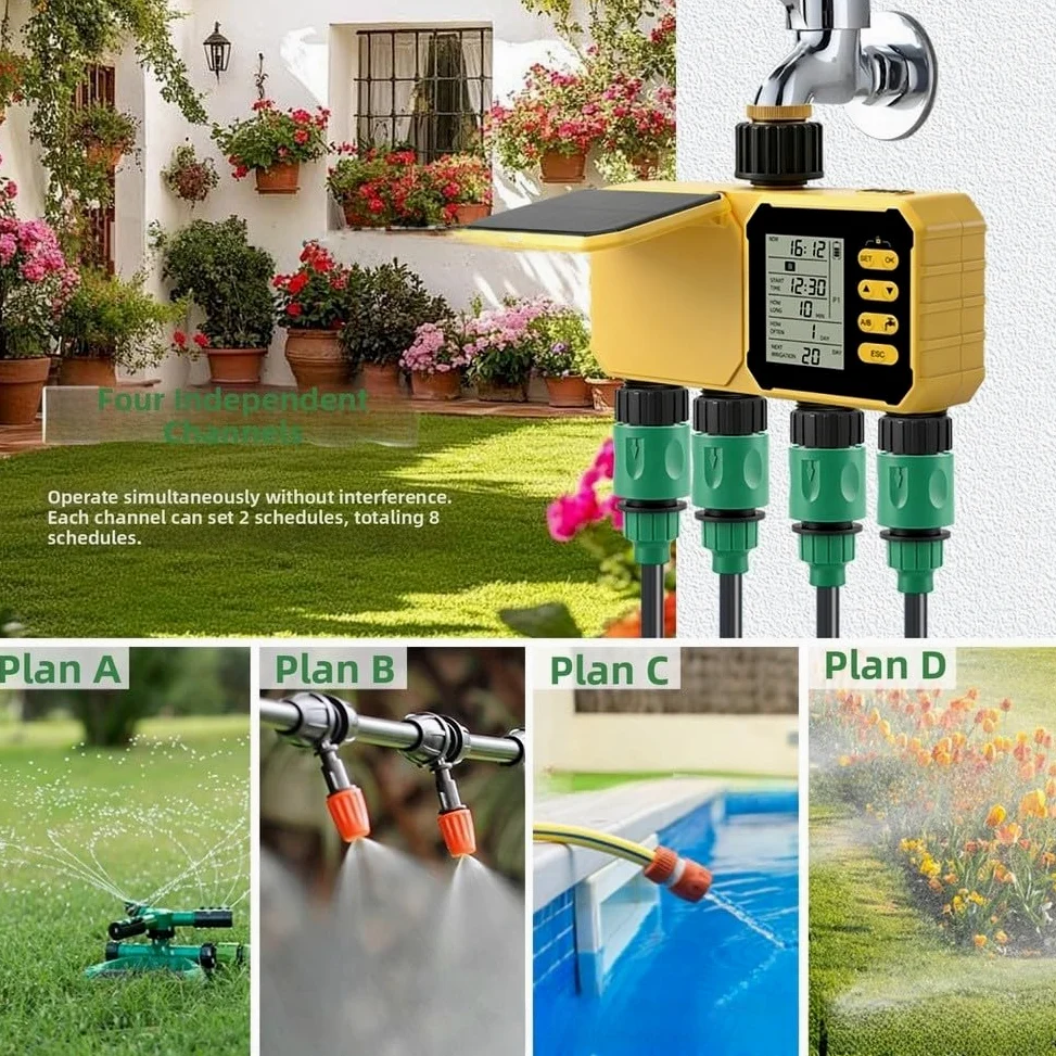Sistema de riego automático, temporizador de aspersor de 4 canales, alimentado por energía solar, controlador programable de riego de jardín con respaldo USB, temporizador de grifo para exteriores