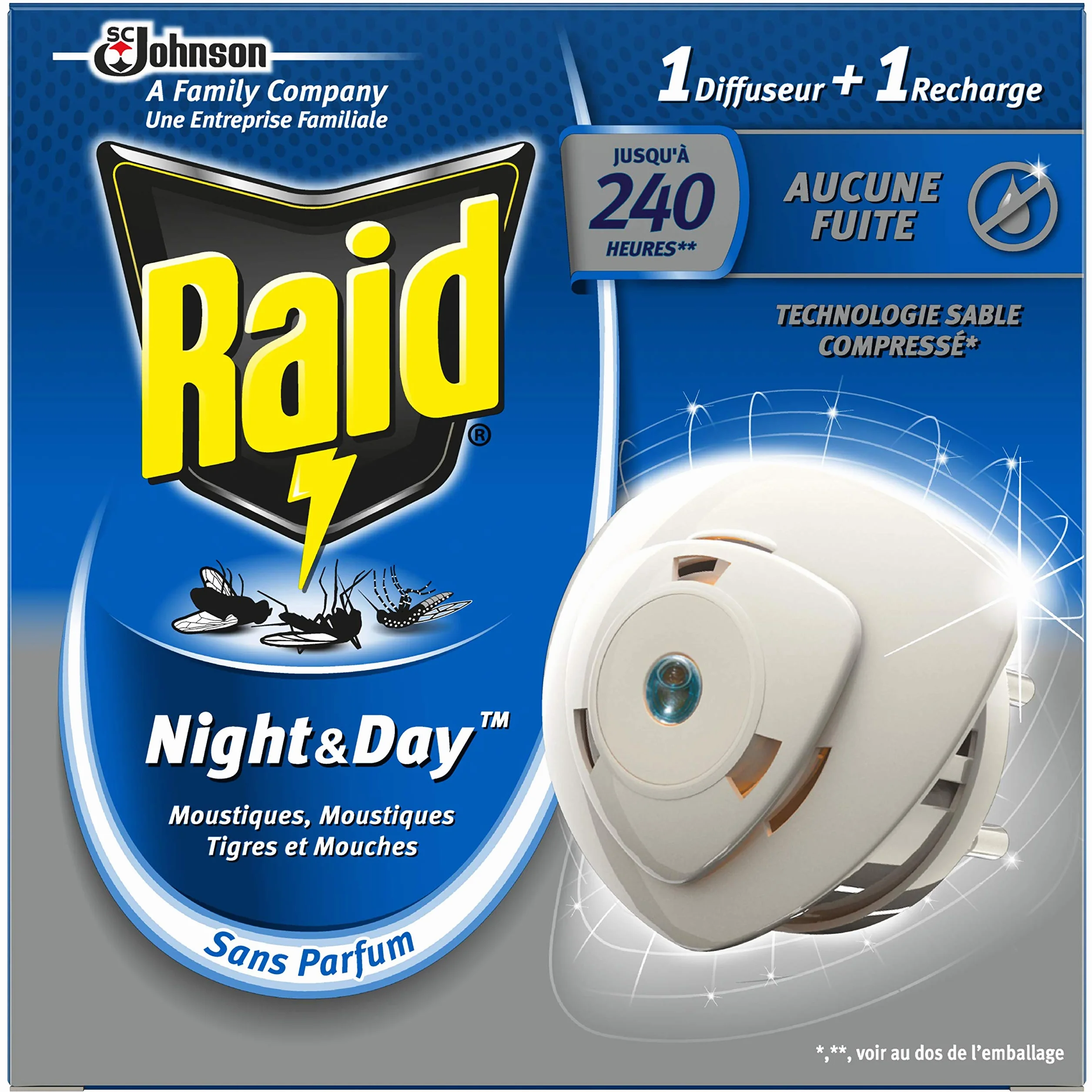 Raid difusor eléctrico día y noche moscas, mosquitos y mosquitos tigre, 1 difusor+1 recarga 240 horas, el embalaje puede variar