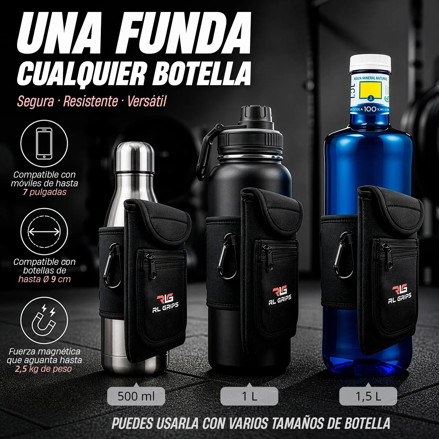 RL Grips Bolsa Magnética Gym para Botella y Móvil – Funda Magnética Gimnasio con Imanes Potentes