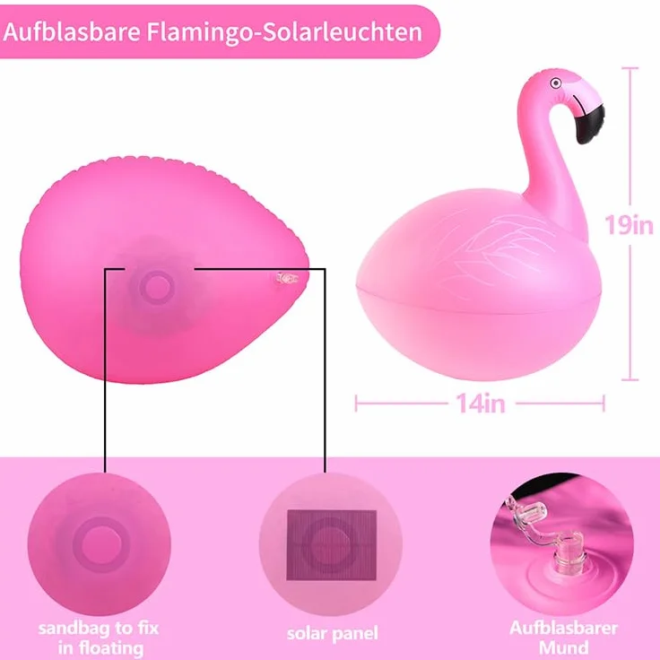Linterna Solar Hinchable Flamenco para Piscina, Estanque y Jardín, Lámpara LED Flotante IP68, Iluminación Decorativa Automática con Energía Solar (4, Pink)