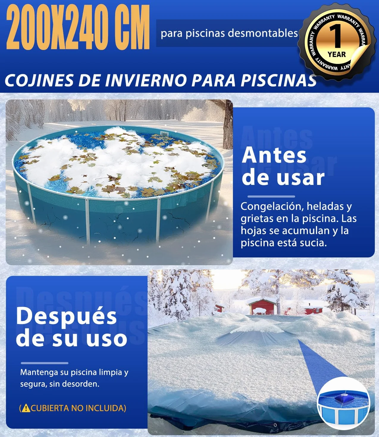 Angooni Cojín de piscina de invierno XXL 200 x 240 cm | Cojín de aire para piscina con doble costura para cubierta de piscina | Cojín de piscina para el invierno | con válvula Boston de doble