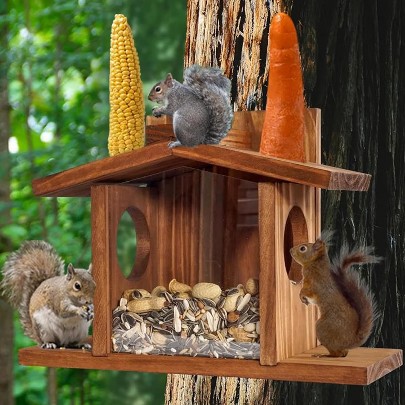Casa de Ardillas, comederos de Ardilla para el Exterior, casa de Ardillas, comedero para pájaros de Madera fácil de llenar, comedero para pájaros Visible con Panel extraíble para maíz, maní, Suet, co