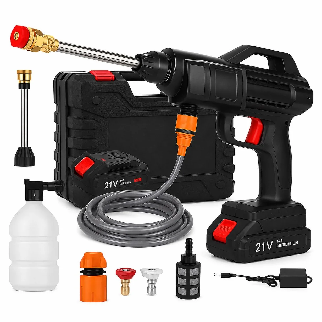 Pistola hidrolimpiadora de 300W para múltiples usos Limpiador inalámbrico de Alta presión con Accesorios Lavadora Alta presión portátil Incluye 2 baterías