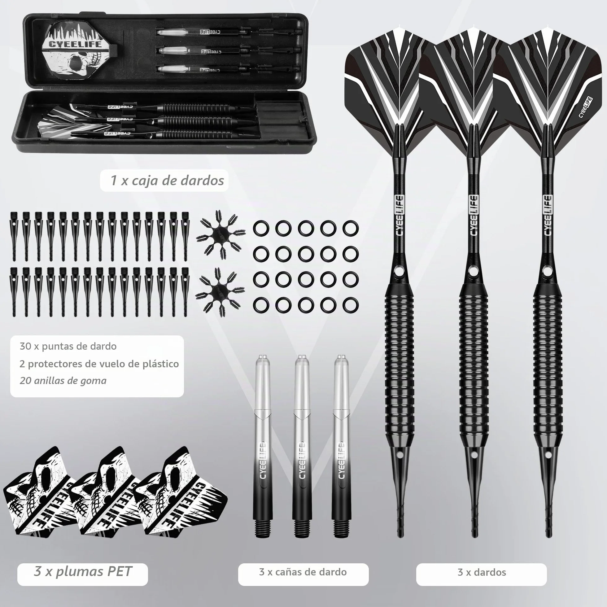 CyeeLife Juego de dardos punta suave cañón latón ejes aluminio PC 6 plumas 30 puntas suaves 20 anillas O 2 protectores plumas