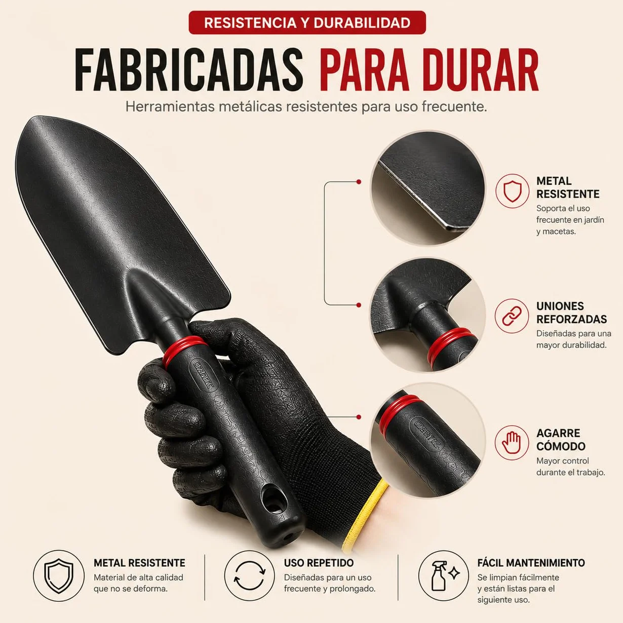 Kit 5 Herramientas de Jardinería de Metal Que Incluye Tijeras de Podar, Pala Trasplantadora, Rastrillo, Azada Doble y Guantes | Kit jardineria para Jardín, Huerto Urbano y Terraza (Rojo/Negro)