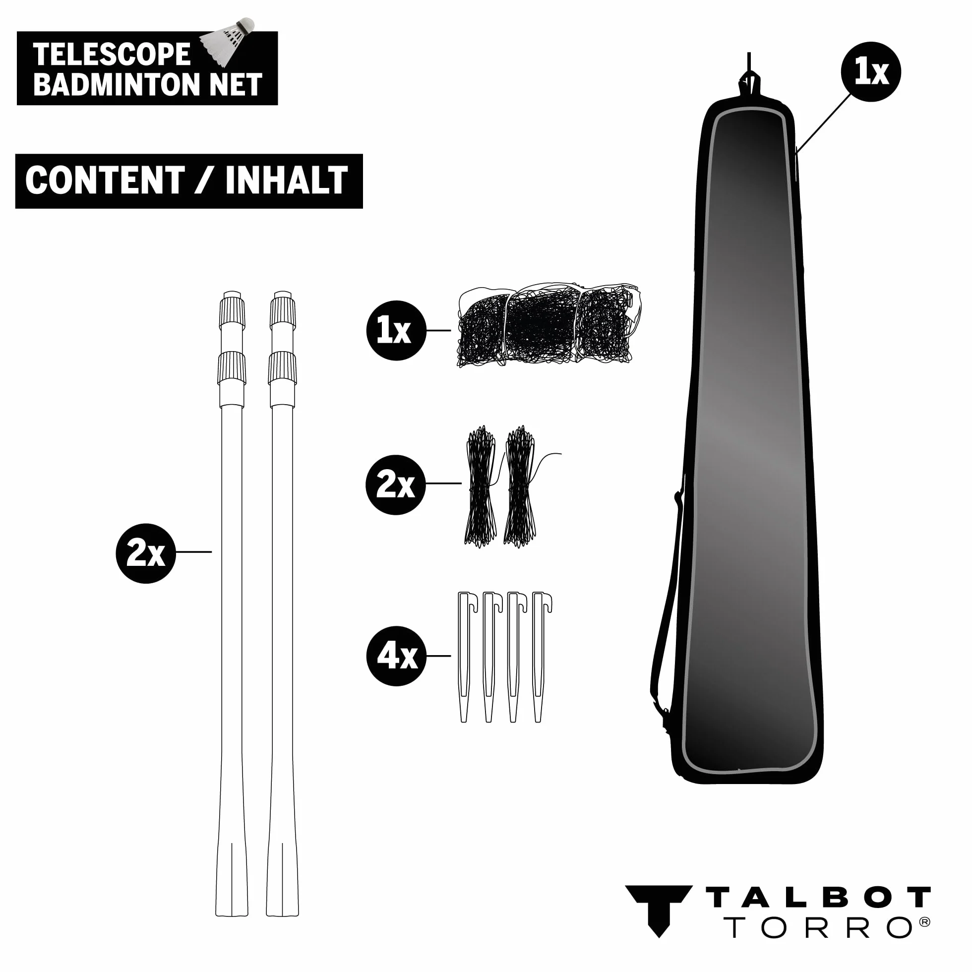 Talbot Torro Set de Red de Badminton Telescópica 1,25-1,55m 6,10m Bolsa
