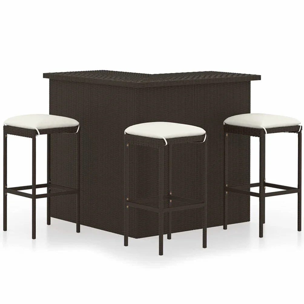 vidaXL Set de Bar para Jardín 4 Piezas y Cojines Asiento Silla Mesa Patio Terraza Barra Bistró Muebles Mobiliario Ratán Sintético Marrón