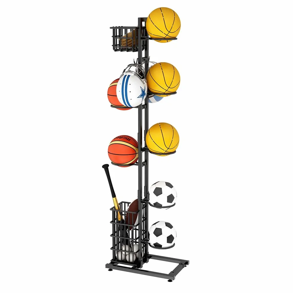 Soporte de Baloncesto y Fútbol, Organizador de Garaje para Equipos Deportivos, Estante de Almacenamiento Vertical con 7 Soportes y 2 Cestas
