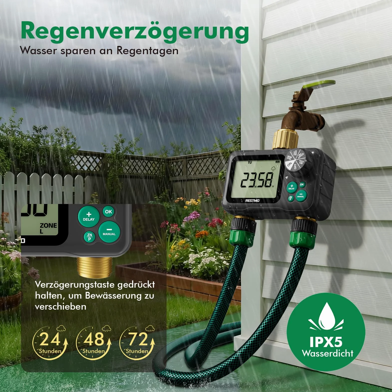 RESTMO Ordenador de riego RF de 2 zonas, temporizador de riego con mando a distancia | Automático/manual/retardo de lluvia, para manguera de jardín y grifo exterior, riego de césped