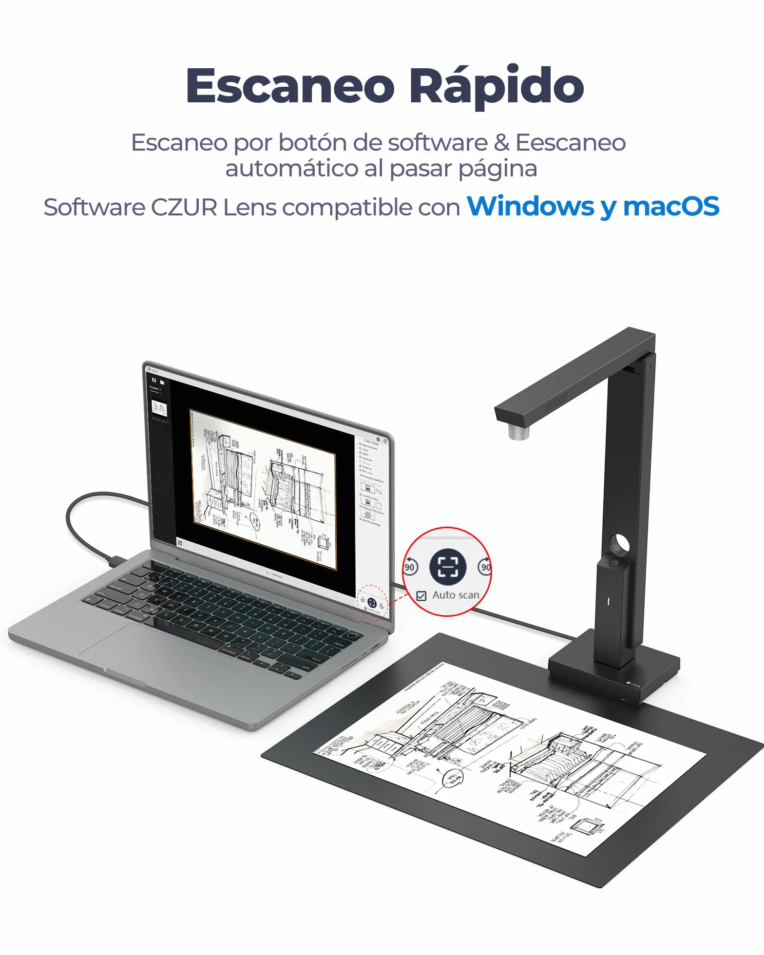 CZUR Lens 1200 Pro Escáner de Documentos Portátil Vertical A4, 12 MP, OCR Rápido 1 s/Página