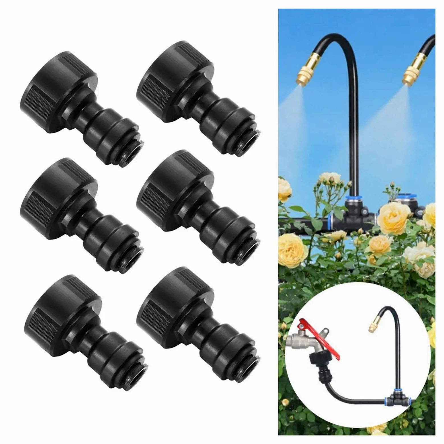 Juntas de grifo de rosca hembra de 3/4 pulgadas con filtro de malla de 8 mm, color negro, para jardín, césped, plantas, flores, riego, conectores rápidos, 1/10 unidades