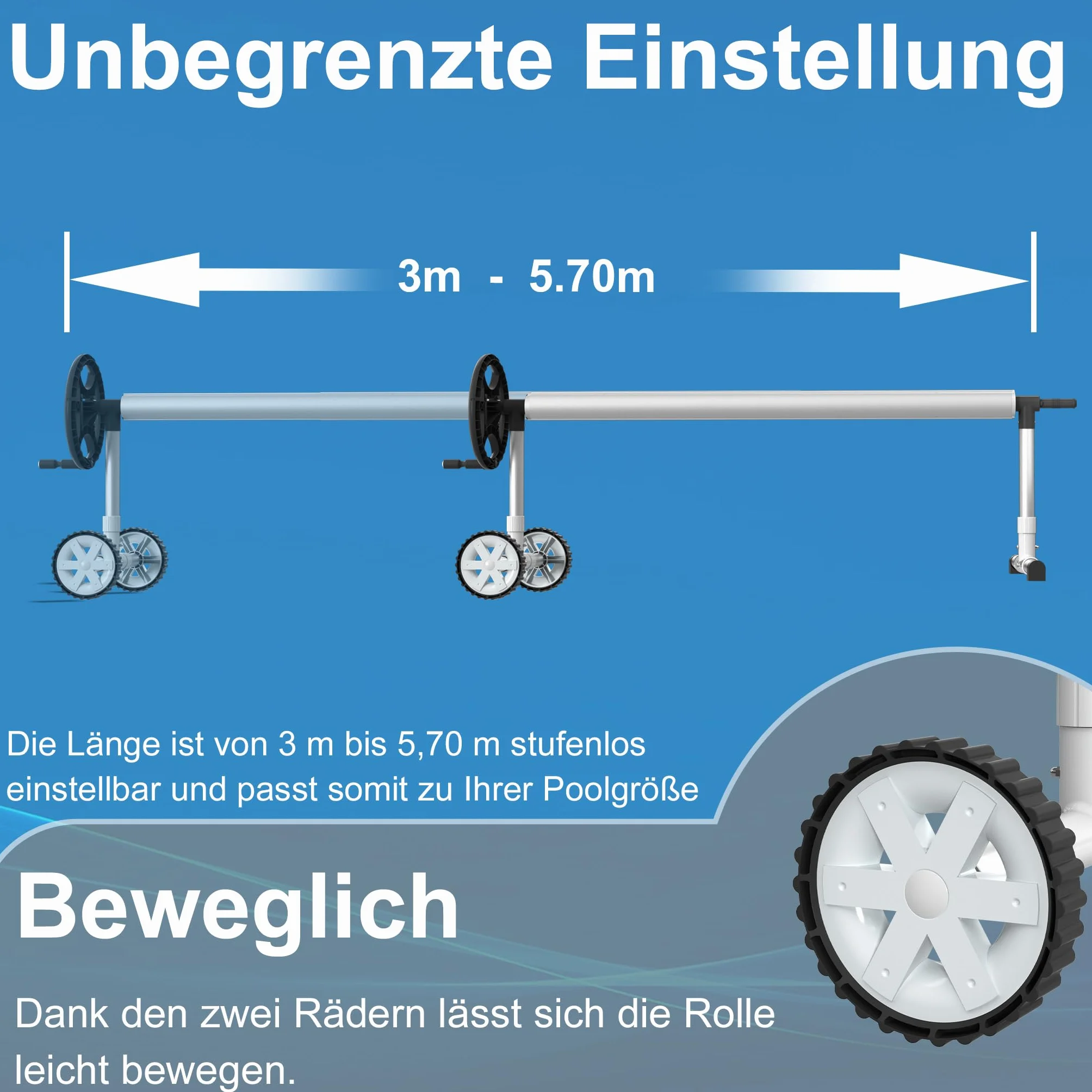 XMTECH Sistema de enrollado para piscina, enrollador de piscina, tubo telescópico de aluminio, sistema de enrollado para lona de piscina, cubierta solar, resistente a la intemperie (con ruedas-2)