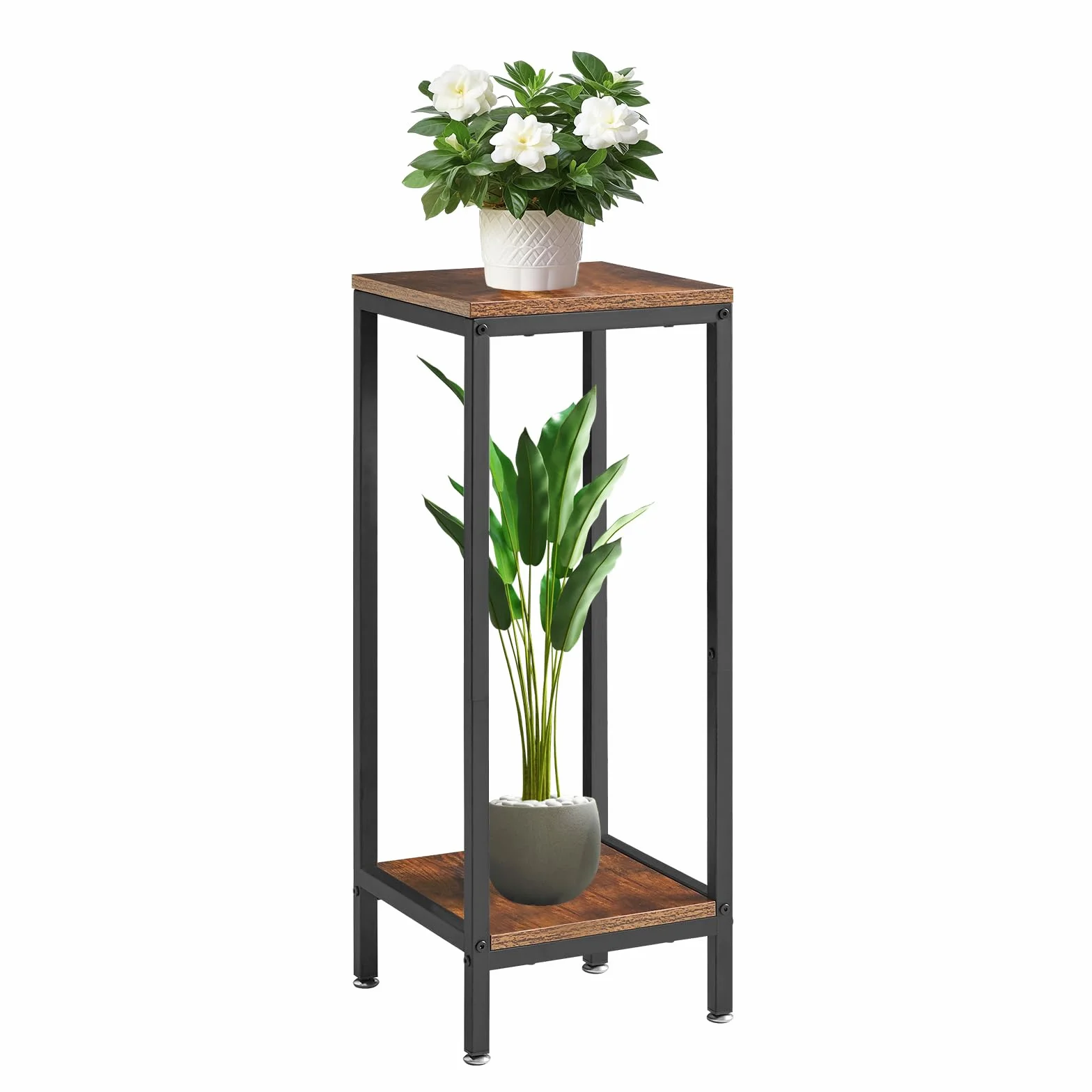 IBUYKE 2 Niveles de Soporte para Plantas para Interior, 76cm de Altura Soporte para Macetas de Madera, Cuadrado Soporte para Plantas para Interior Jardín Balcón, Marrón Rústico TMJ071H