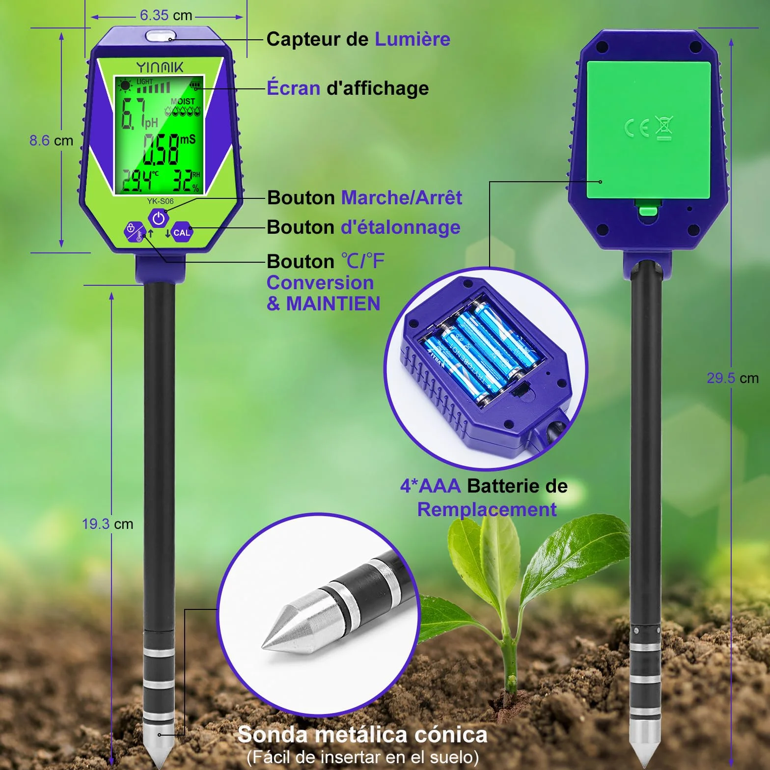 YINMIK Medidor de pH del suelo 6 en 1, medidor inteligente de humedad, conductividad y salinidad, y analizador de calidad del agua. Kit de prueba de pH del suelo ideal para jardines, granjas y bonsáis