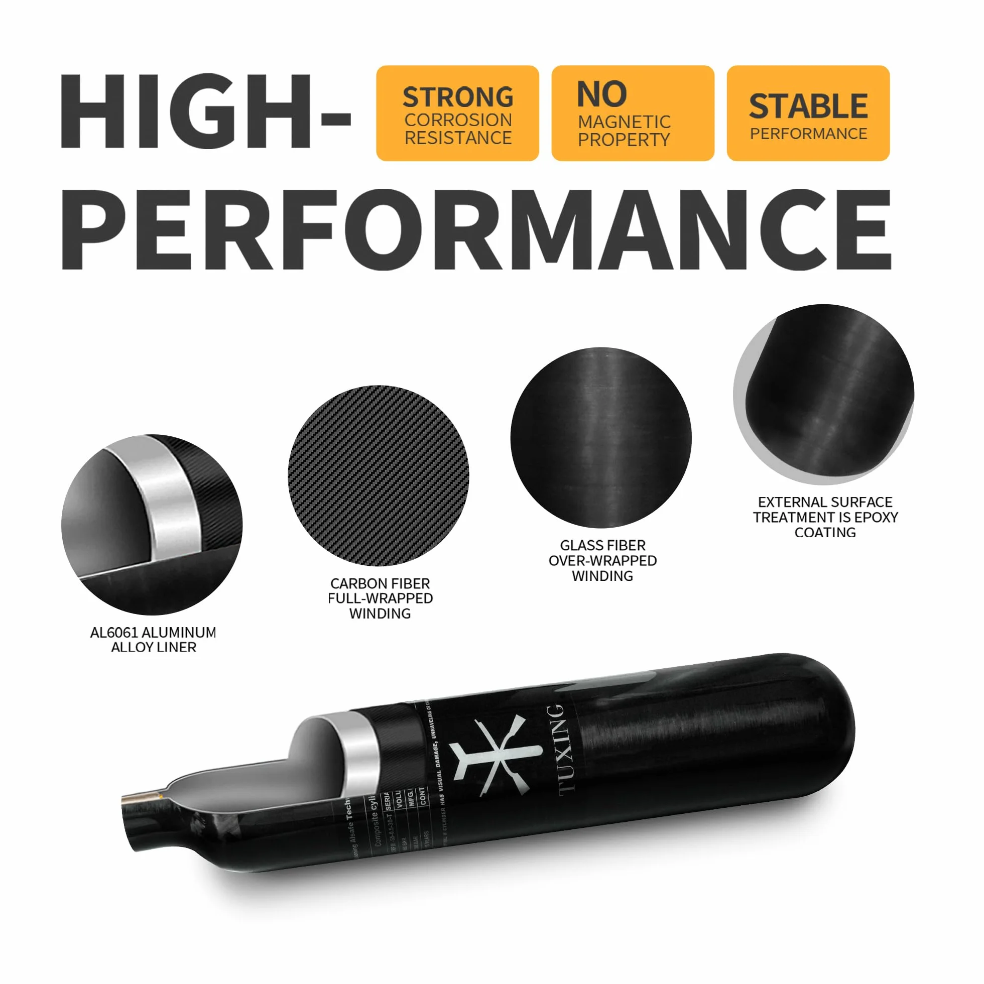 TUXING Tanque de Aire PCP 4500PSI 0.5L Fibra de Carbono Cilindro HPA 31Cu in 500cc Rosca M18*1.5