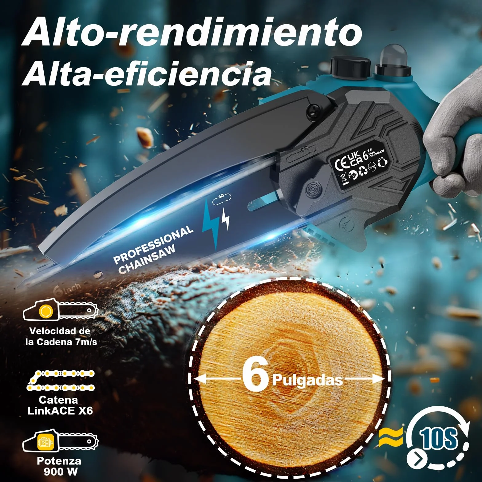 Mini Motosierra Bateria 6 Pulgadas, Motosierra Eléctrica con 2x4000mAh Bateria, Sierra Electrica con Cadena Reemplazable, Depósito Para El Aceite, para Podar Arboles Jardinería DIY