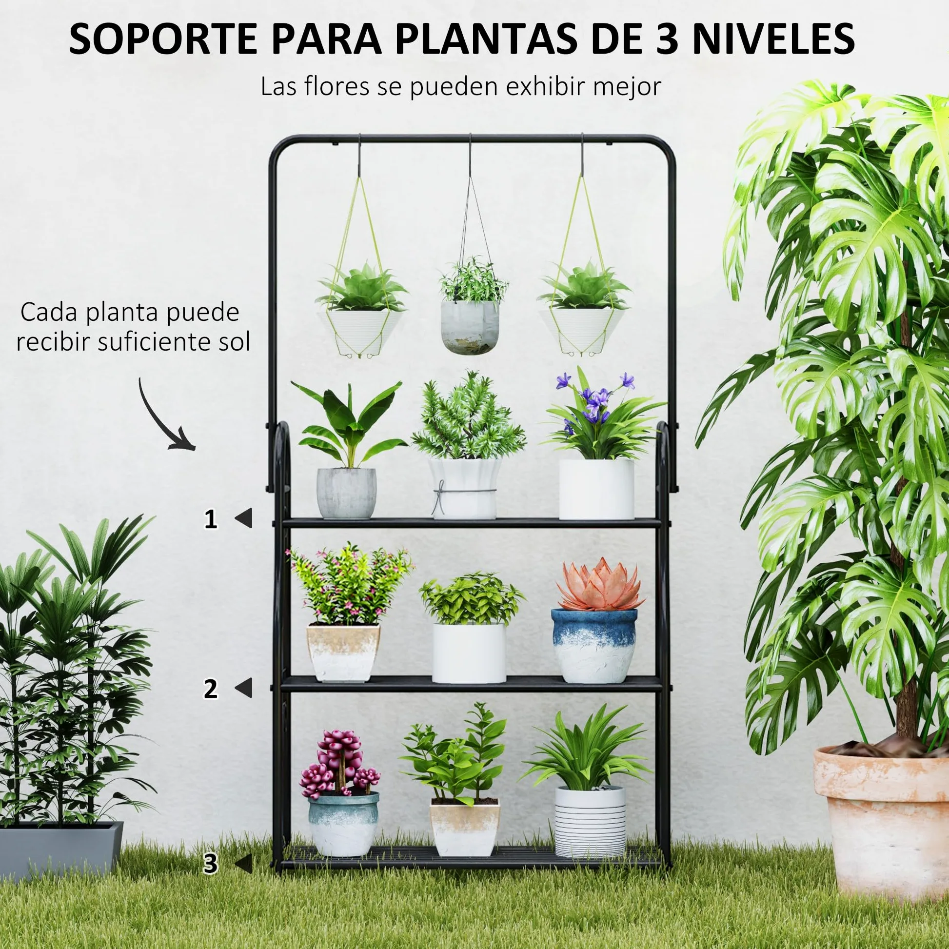 Outsunny Estantería para Plantas de 3 Niveles Soporte para Plantas con Ganchos de Metal Barra para Colgar Soporte para Macetas para Interior y Exterior Negro