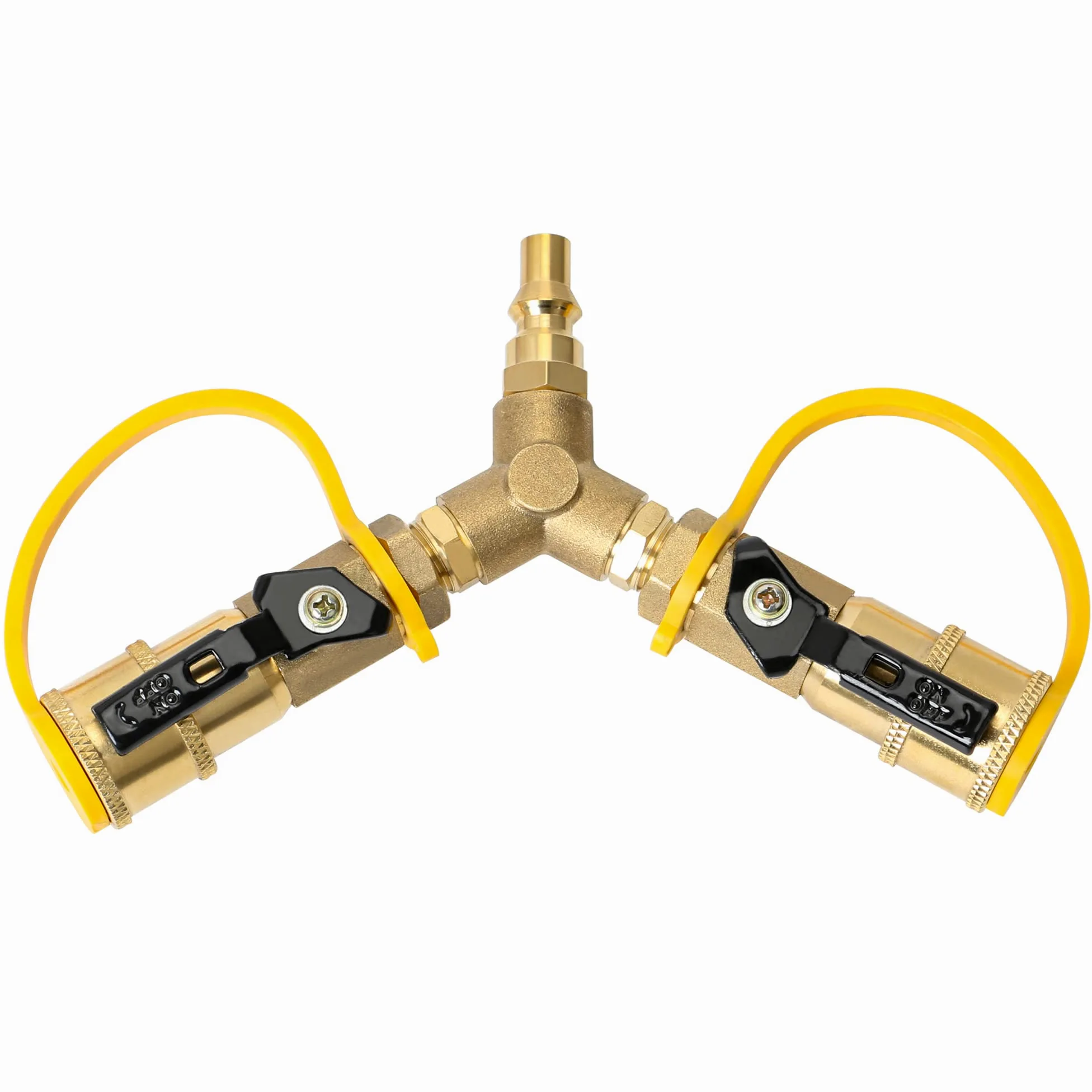 ATKKE Adaptador divisor en Y de propano RV de conexión rápida de 1/4 pulgadas con válvula de apagado para remolque RV, adaptador de gas de vuelta de 2 maneras para manguera de desconexión rápida para