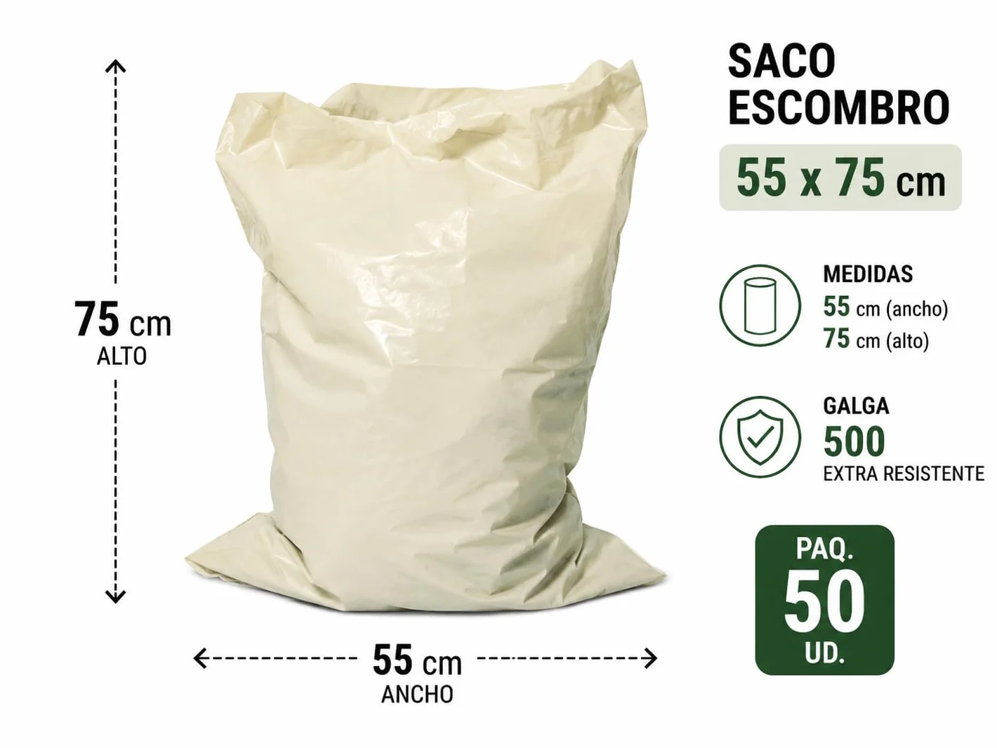Saco para Escombros 55x75 cm, Pack 50 Unidades, Polietileno Resistente Galga 600,Bolsas de Obra para Escombros, Construcción, Reformas, Jardinería y Residuos Pesados