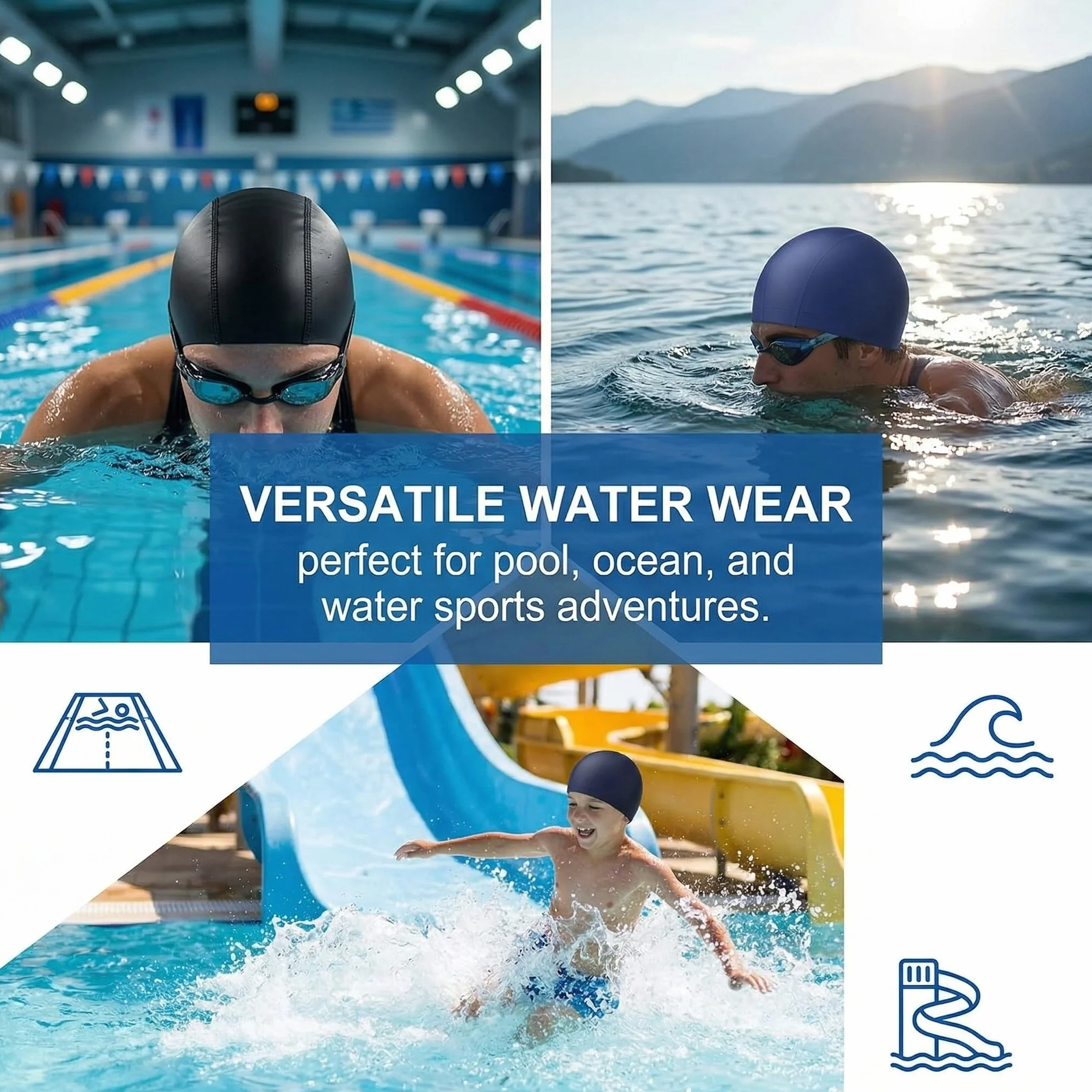 Gorros de piscina elásticos resistentes al agua para mujer y hombre, cabello largo, natación, azul + negro