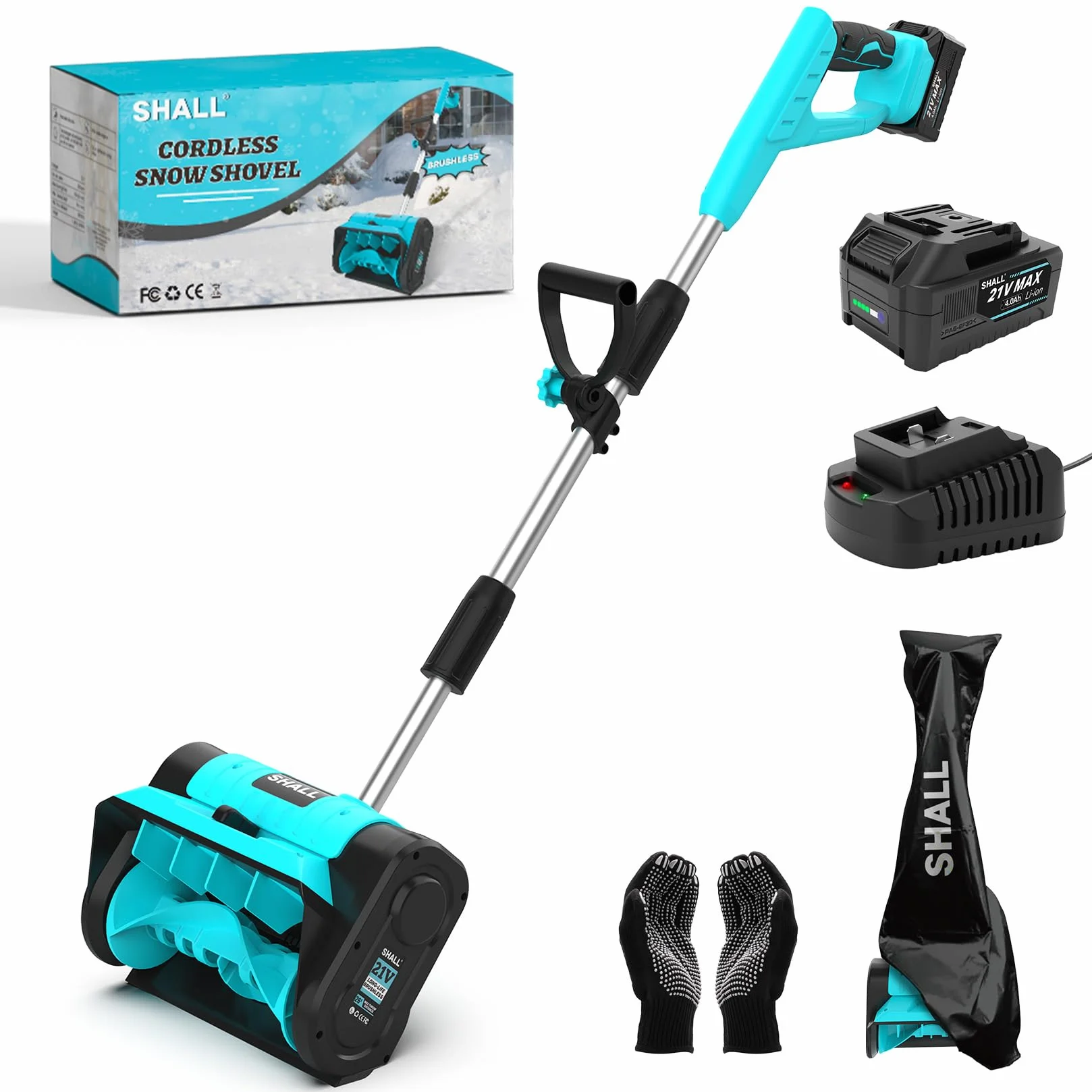 SHALL Pala quitanieves a batería de 21 V (sin escobillas), soplador de Nieve a batería de 30 cm (12 Pulgadas), con Deflector y Cubierta Antipolvo, Alcance de 8 m para Entrada de vehículos, escaleras