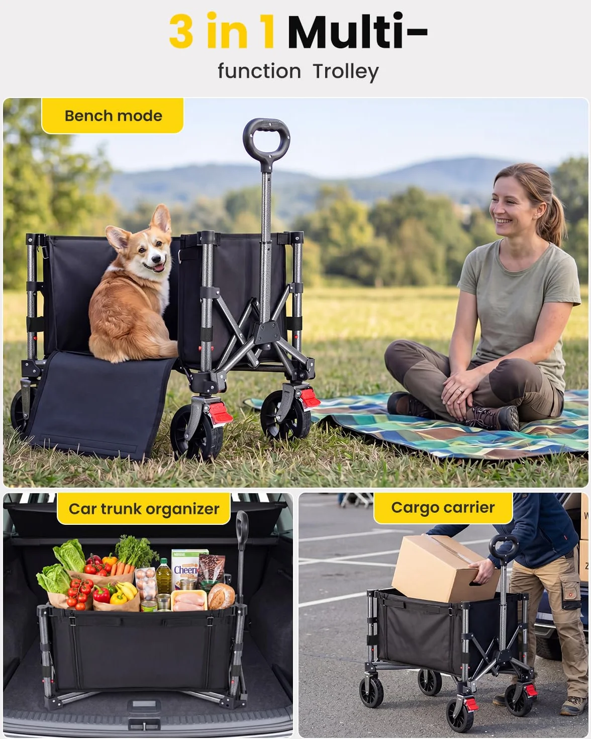 YEAUPE PRO Carro Playa Plegable con Ruedas – 70L, 50 kg – Ruedas Amovibles, Mango Ajustable, Acceso Lateral con Cremallera y Diseño Compacto, Ideal para jardín, paquetería y hogar – Negro Tinta