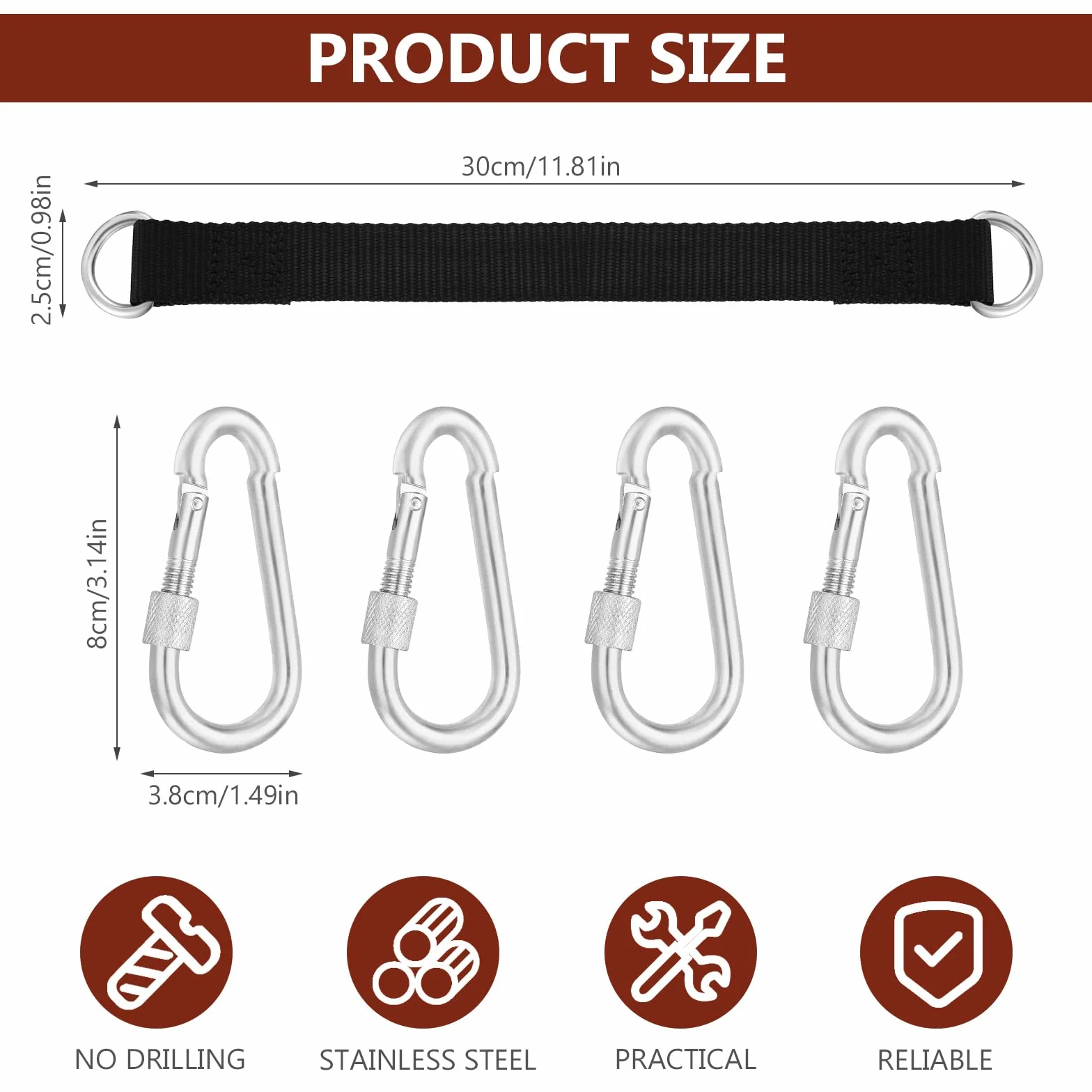 4 Set di Correas de Hamacas, 30 cm x 25 mm Cinturón de Suspensión de Hamaca Correas de árbol, Kit de Correas de Columpios de Árbol Hamacas, con 4 Mosquetón y 4 Anillos en D