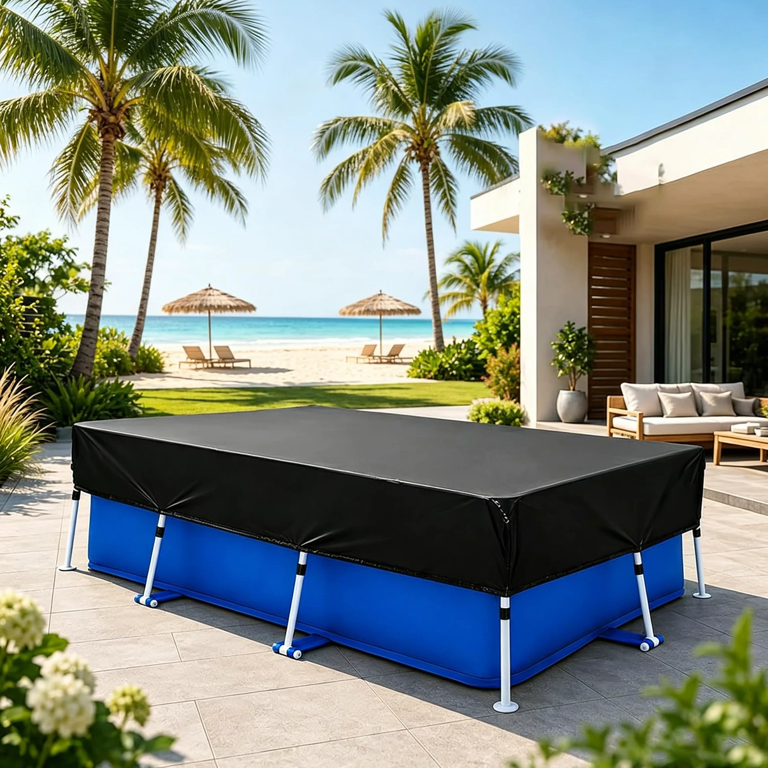 Cobertor de Invierno Rectangular 190 x 340 cm Resistente Anti-UV Cubierta Piscina Incluye Cordón de Agarre para Piscinas Rectangulares, Negro