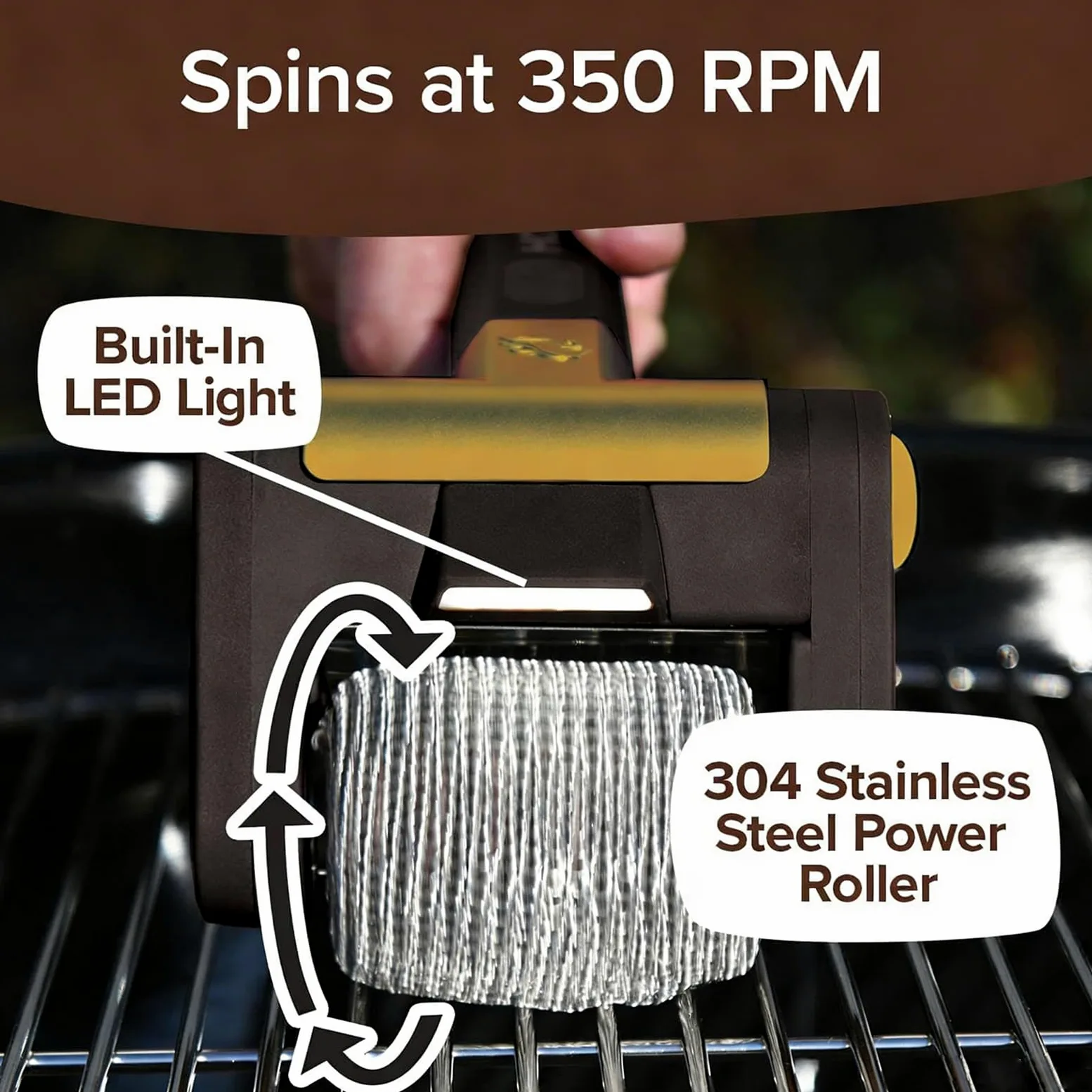 Cepillo eléctrico para parrilla, limpiador inalámbrico de parrilla de barbacoa con luz LED, rodillo de acero inoxidable de 350 rpm, herramienta de limpieza recargable sin cerdas para parrillas de
