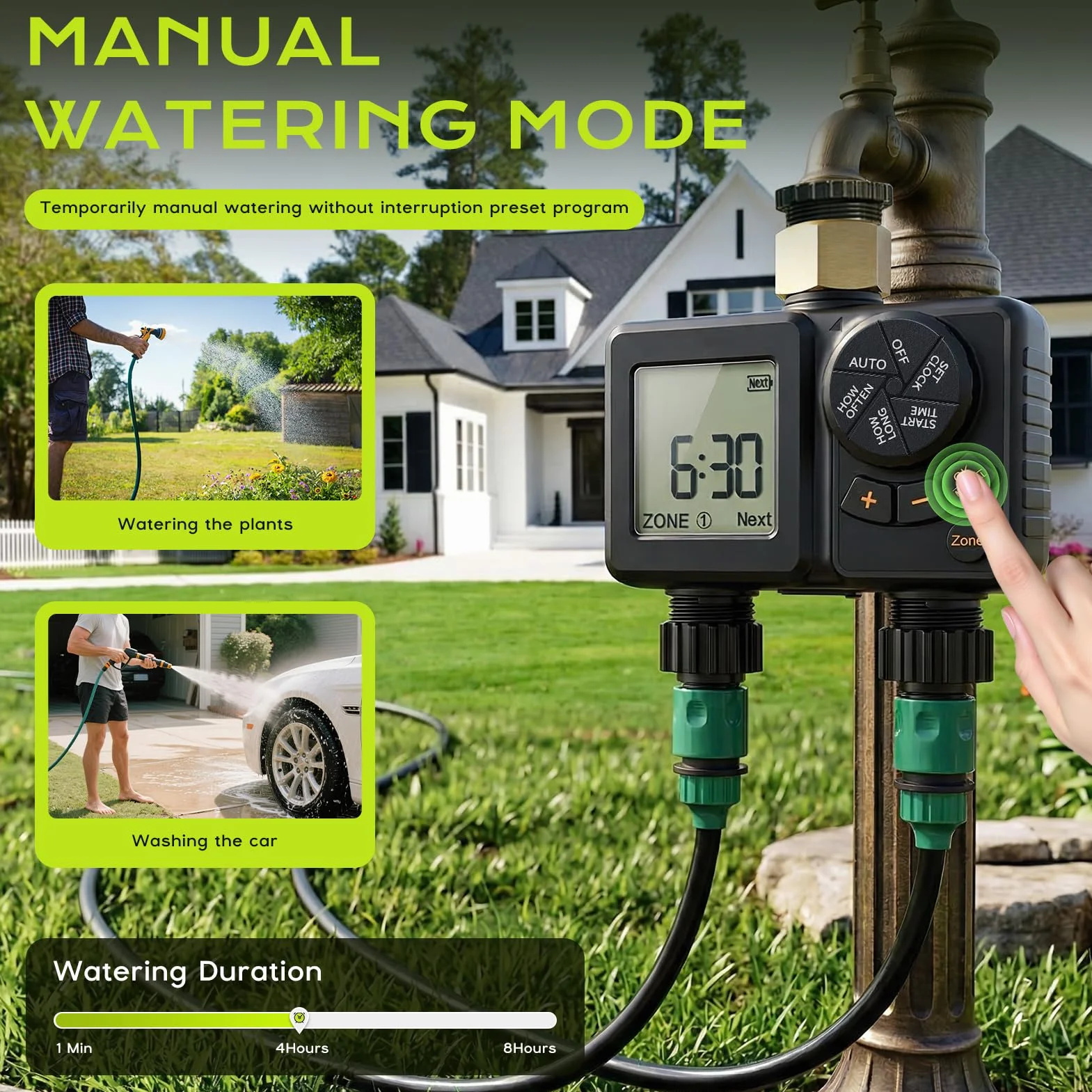 Programador de Riego 2 Salidas, 2000mAh Recargable IPX6 Impermeable Temporizador Riego con Entrada de Latón, LCD 2.8", Retardo por Lluvia, Riego Automático y Manual para Jardín, Patio, Césped