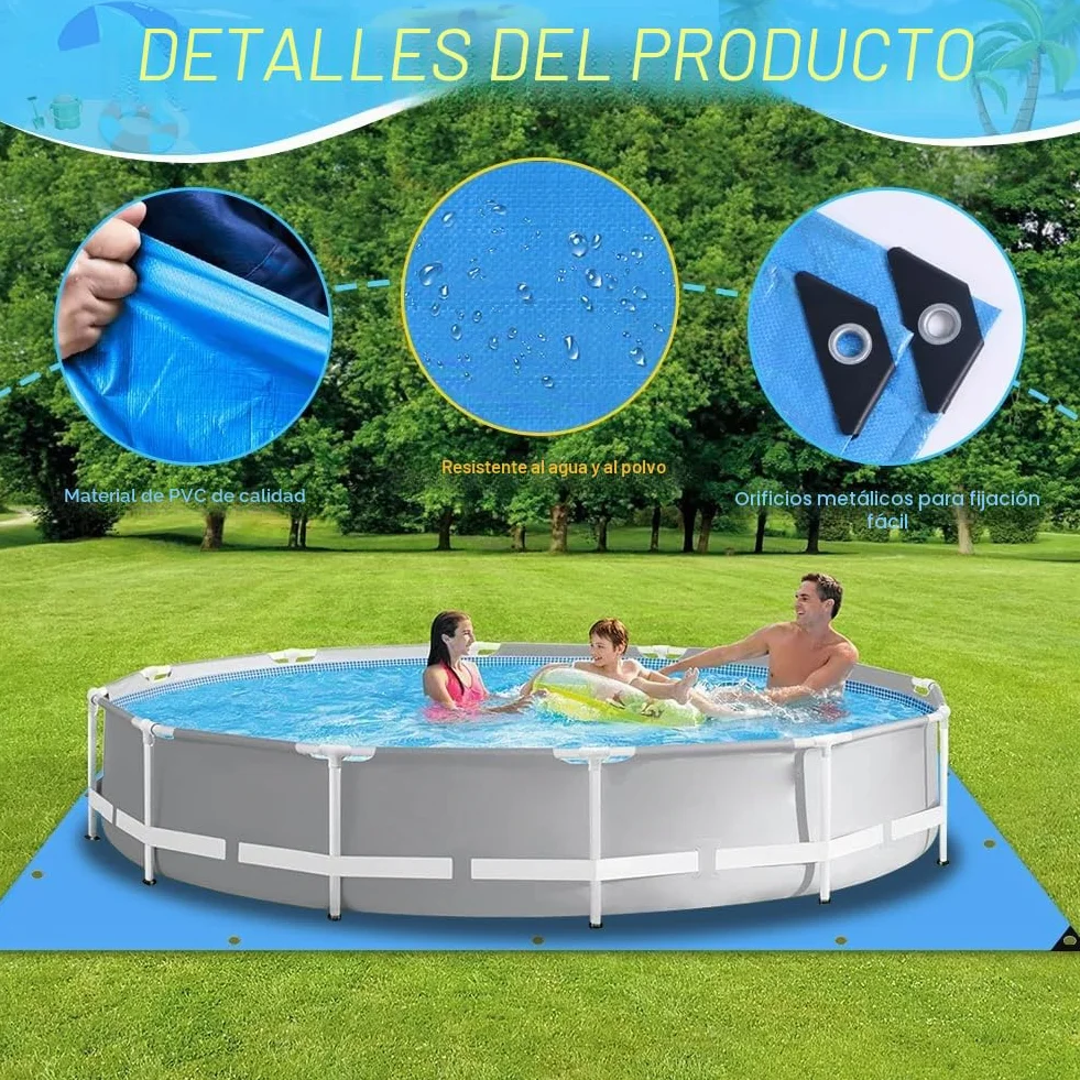 Roadtime Lona de suelo de piscina, 120 g/m², gruesa, cuadrada, con 4 ganchos y 20 m de cuerda de nailon, base de piscina con agujeros, lona impermeable y resistente a desgarros (4 x 4 m, azul)