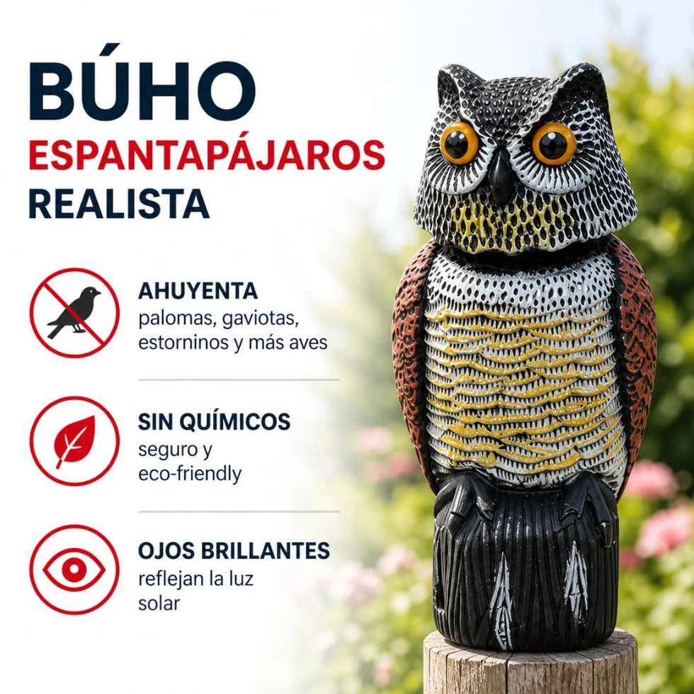 Remi Hogar Búho Espantapájaros Realista | Ahuyenta Palomas, gaviotas y Otras Aves urbanas | para Exteriores, Balcones, Jardines y Piscinas | Poliuretano | Respetuoso con el medioambiente y Fauna