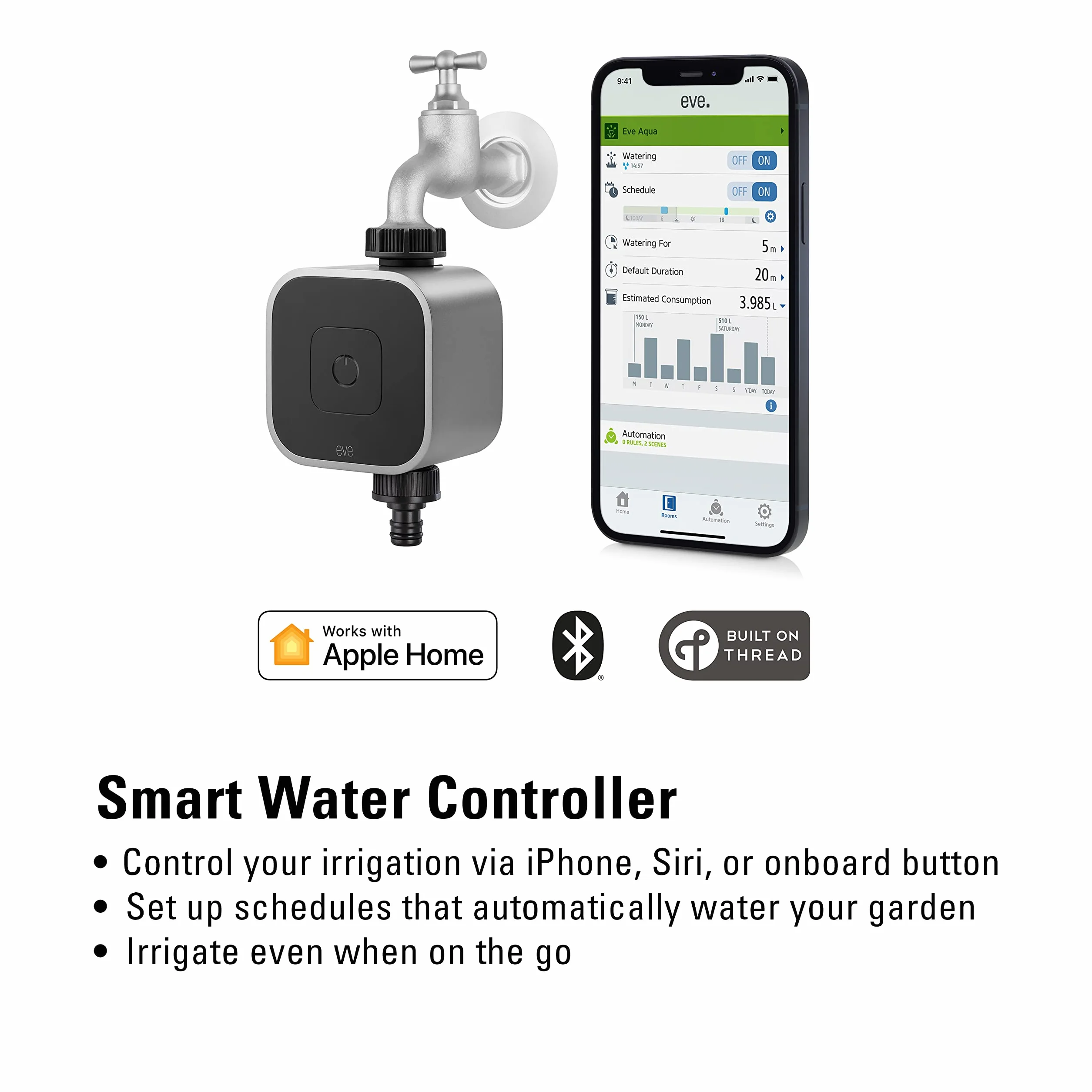 Eve Aqua – Controlador inteligente de riego para la app Casa de Apple y Siri; riega automáticamente con horarios programados, acceso remoto, no requiere pasarela, Bluetooth, Thread, Apple HomeKit