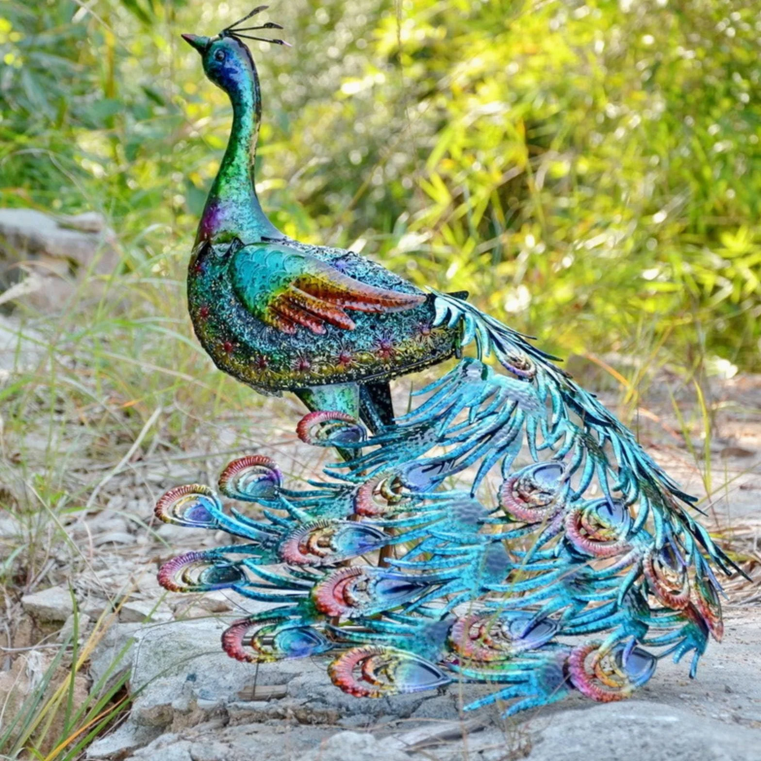 Estatua de Decorativa Figura Escultura Adorno Ornamento Metálico con Diseño Llamativo y Efecto Acogedor Adecuada para, Pavo Real De Cola Grande con Cabeza Recta — Sin Luz — 49.5 45.5 48cm