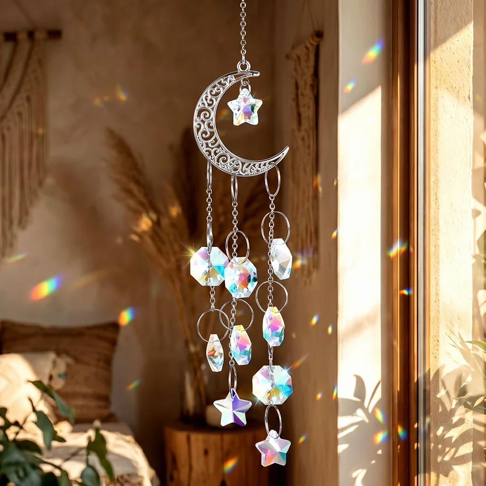 Campanilla de Viento de Cristal con Flor de Loto, 2 PCS Flor de Loto y Luna con Prisma de Cristal, Adorno de Ventana de Prisma de Vidrio Colores para Ventana, Dormitorio, Jardín, Oficina