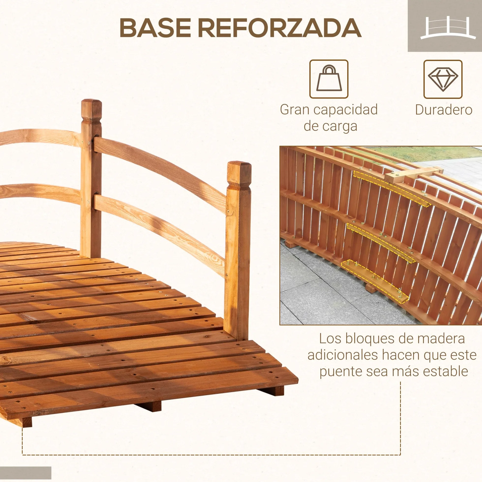 Outsunny Puente de Arco de Madera 185x72x58 cm con Pasamanos Puente de Jardín para Decoración Patio Carga 200 kg Natural
