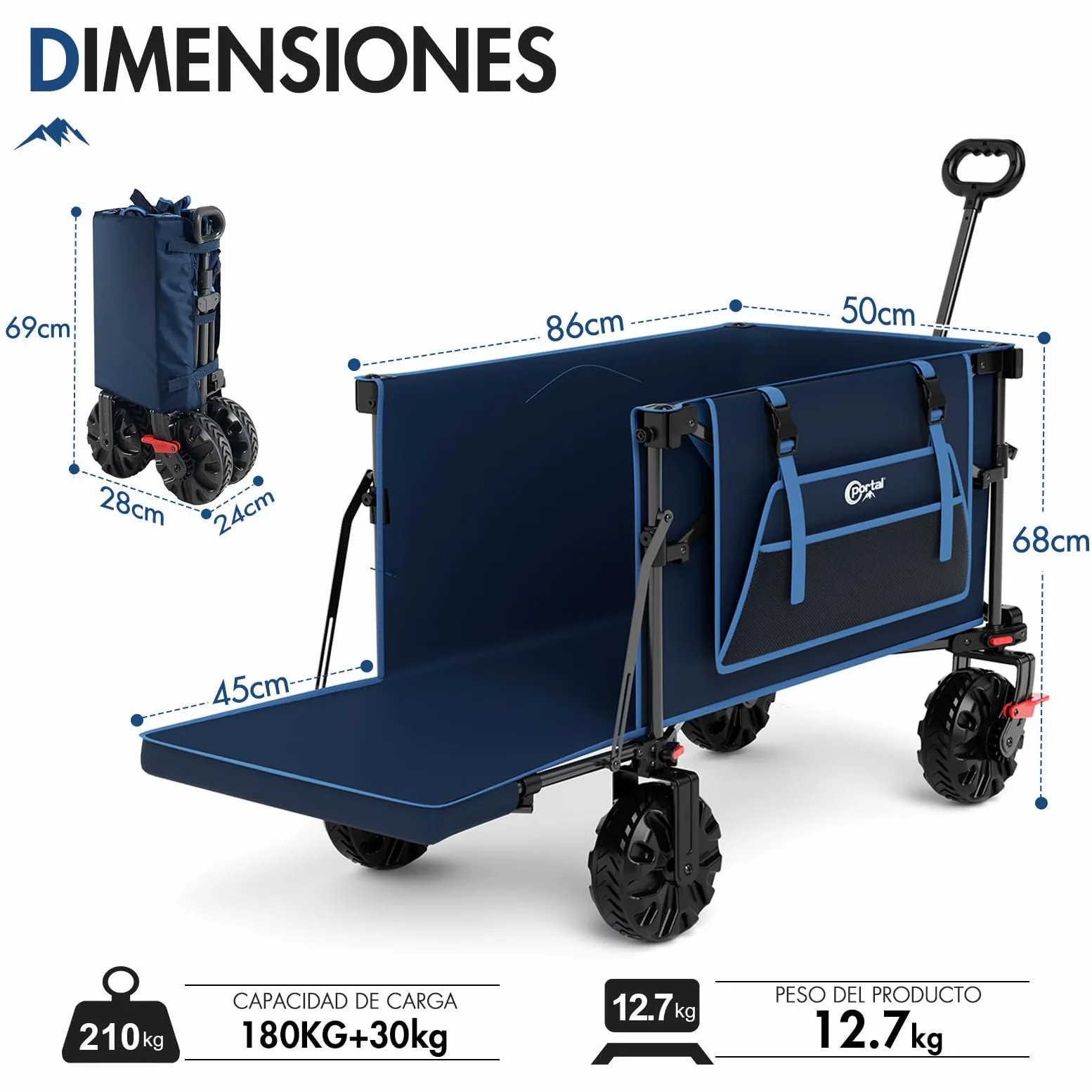 Portal Carro Playa Plegable XXL 400L – Carro Plegable de Playa con Ruedas Grandes y Portón Trasero Abatible, Capacidad 210 kg, con Freno – Vagón para Camping, Jardín y Festivales