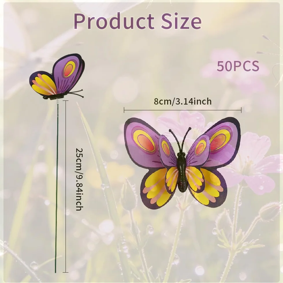 Juego de 50 Estacas de Jardín – Mariposas, Libélulas y Mariquitas en PVC Impermeable, Adornos Coloridos de 7 cm para Patio, Maceta y Decoración Exterior