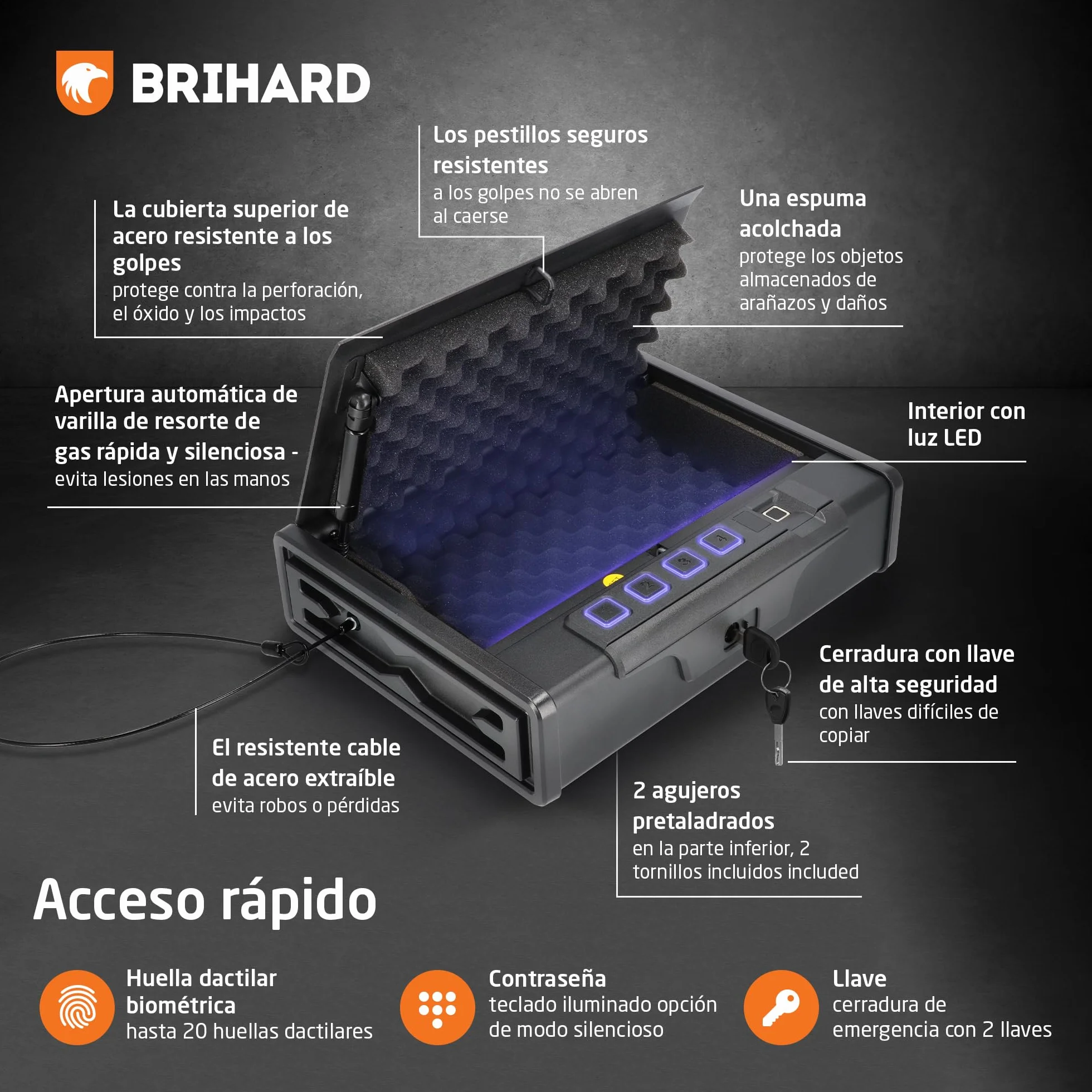 Caja fuerte portátil biométrica para pistola con lector de huellas dactilares y teclado retroiluminado, cable de acero